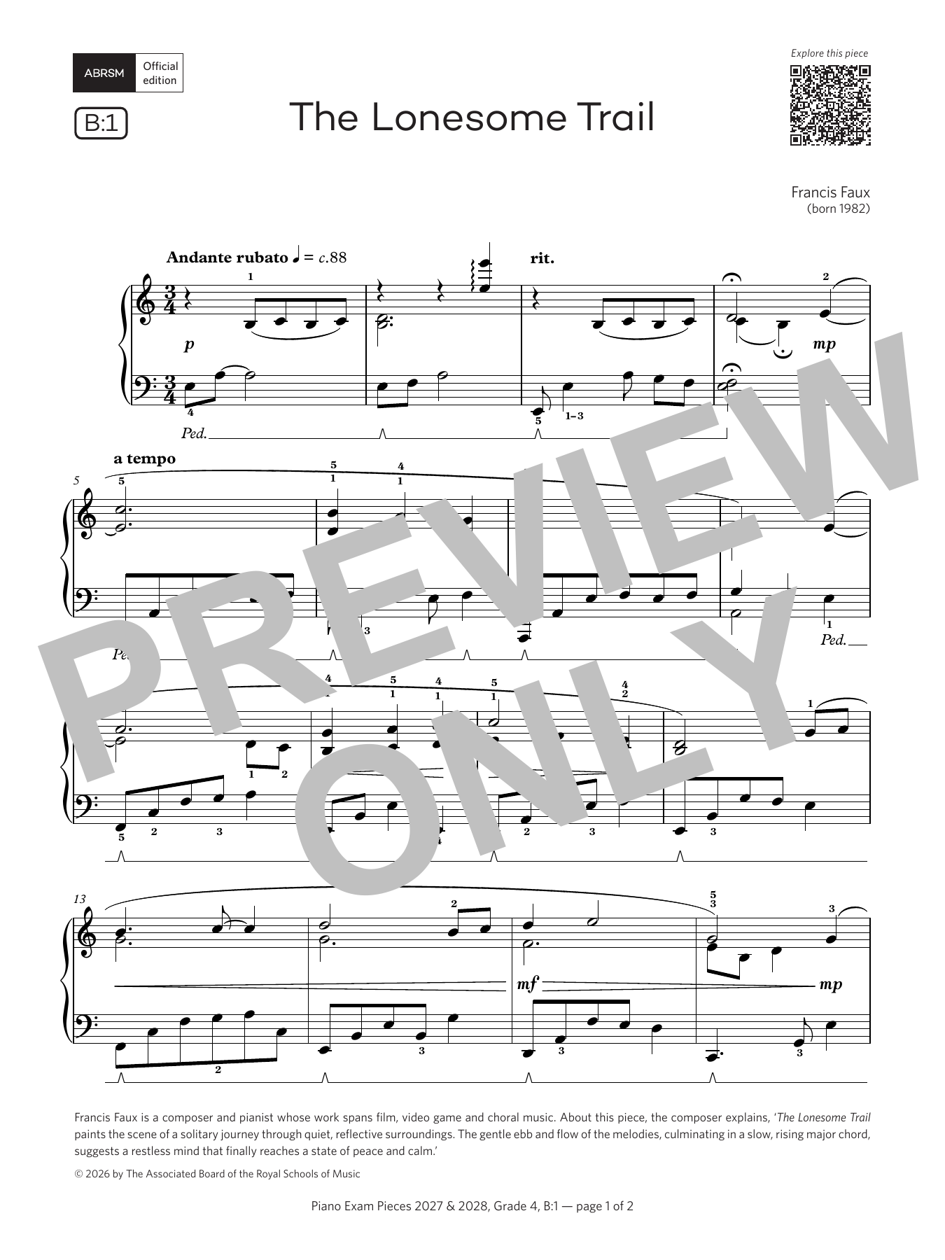 Francis Faux The Lonesome Trail (Grade 4, list B1, from the ABRSM Piano Syllabus 2027 & 2028) sheet music notes and chords arranged for Piano Solo