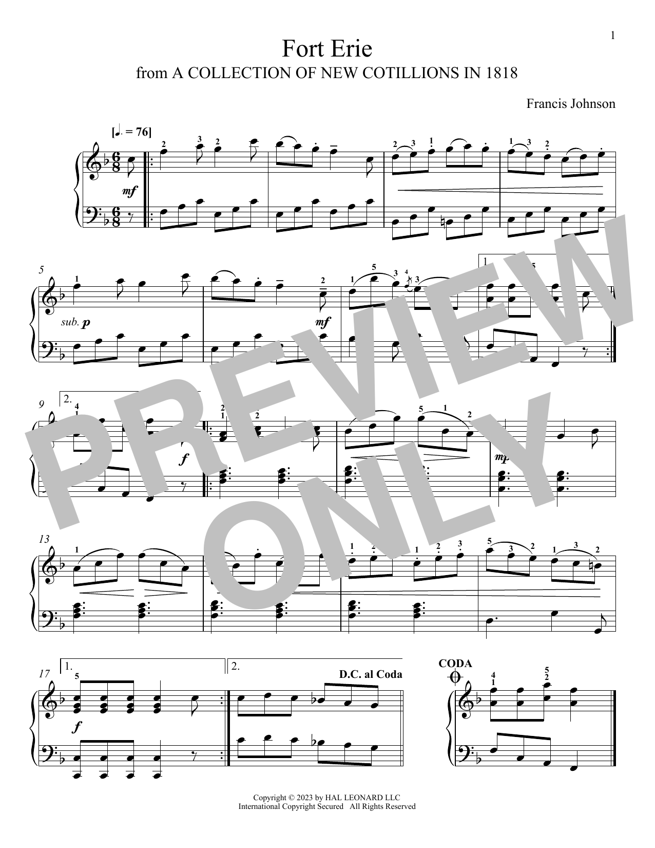 Francis Johnson Fort Erie sheet music notes and chords arranged for Piano Solo
