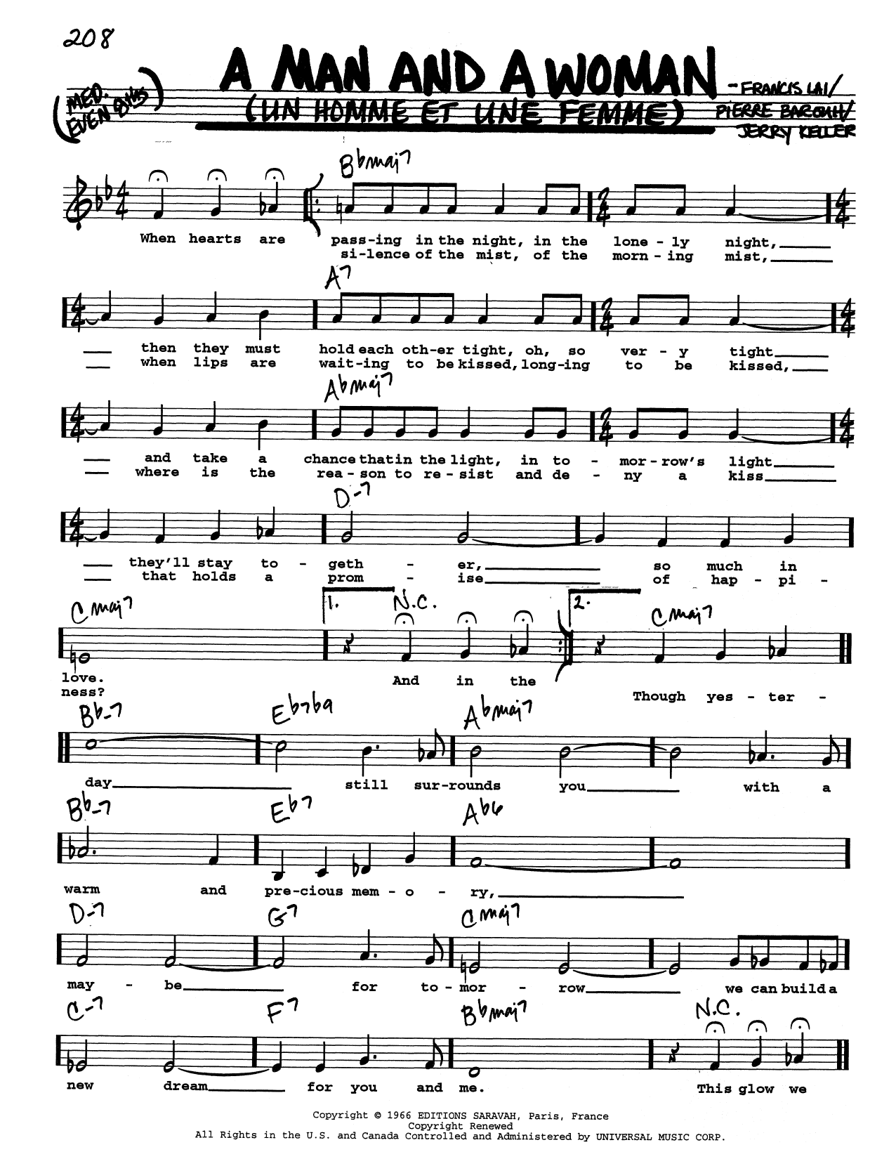 Francis Lai A Man And A Woman (Un Homme Et Une Femme) (Low Voice) sheet music notes and chords arranged for Real Book – Melody, Lyrics & Chords