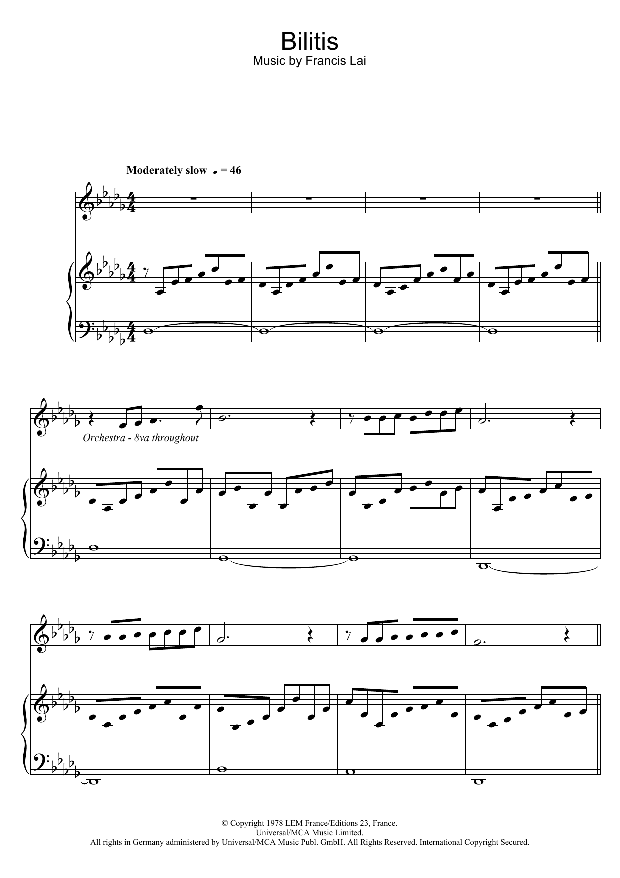 Francis Lai Bilitis sheet music notes and chords arranged for Piano Solo