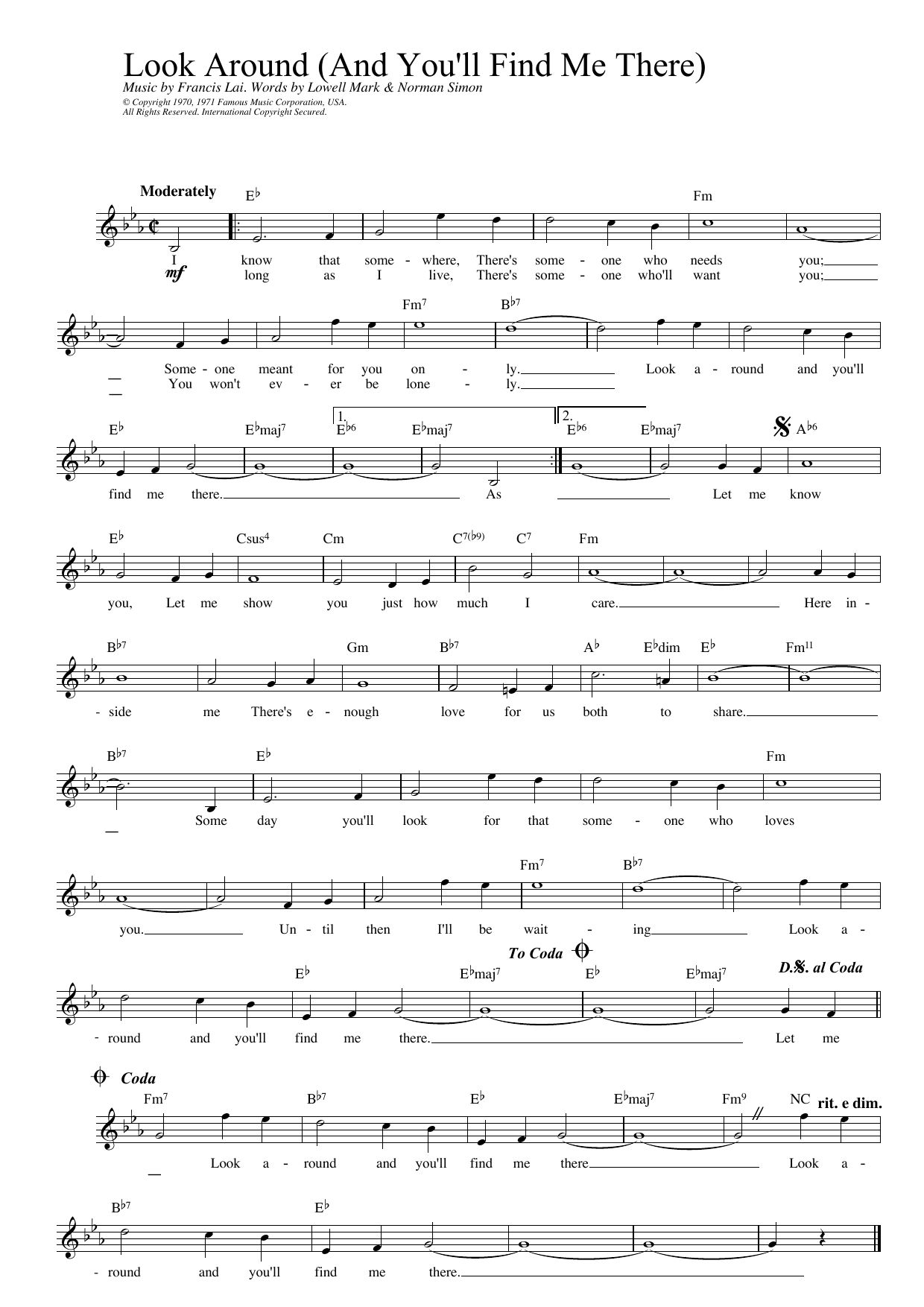 Francis Lai Look Around (And You'll Find Me There) (from Love Story) sheet music notes and chords arranged for Lead Sheet / Fake Book