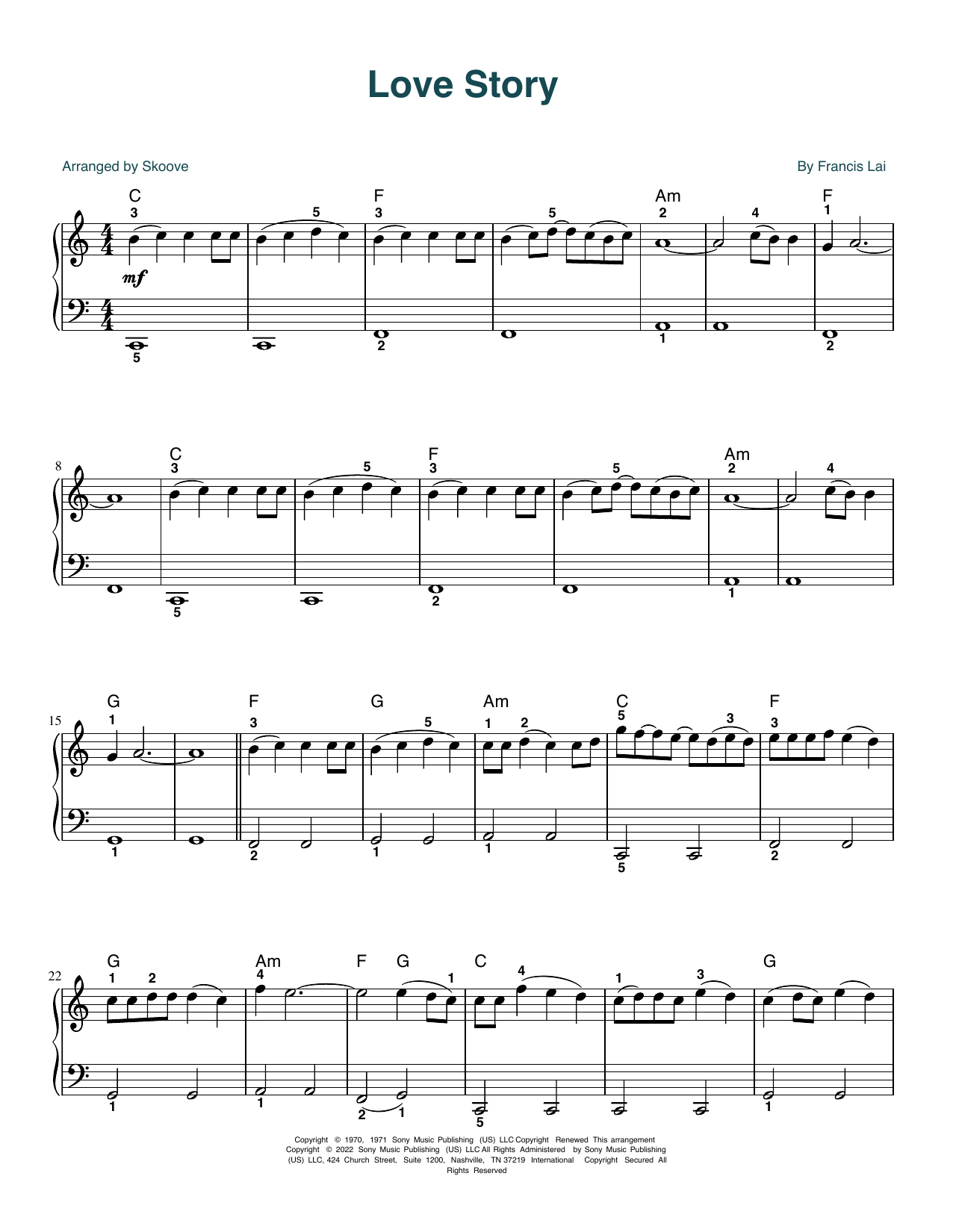 Francis Lai Love Story (arr. Skoove) sheet music notes and chords arranged for Beginner Piano (Abridged)