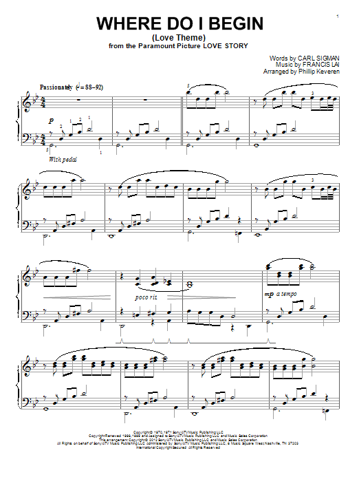 Francis Lai Where Do I Begin (Love Theme) (arr. Phillip Keveren) sheet music notes and chords arranged for Piano Solo