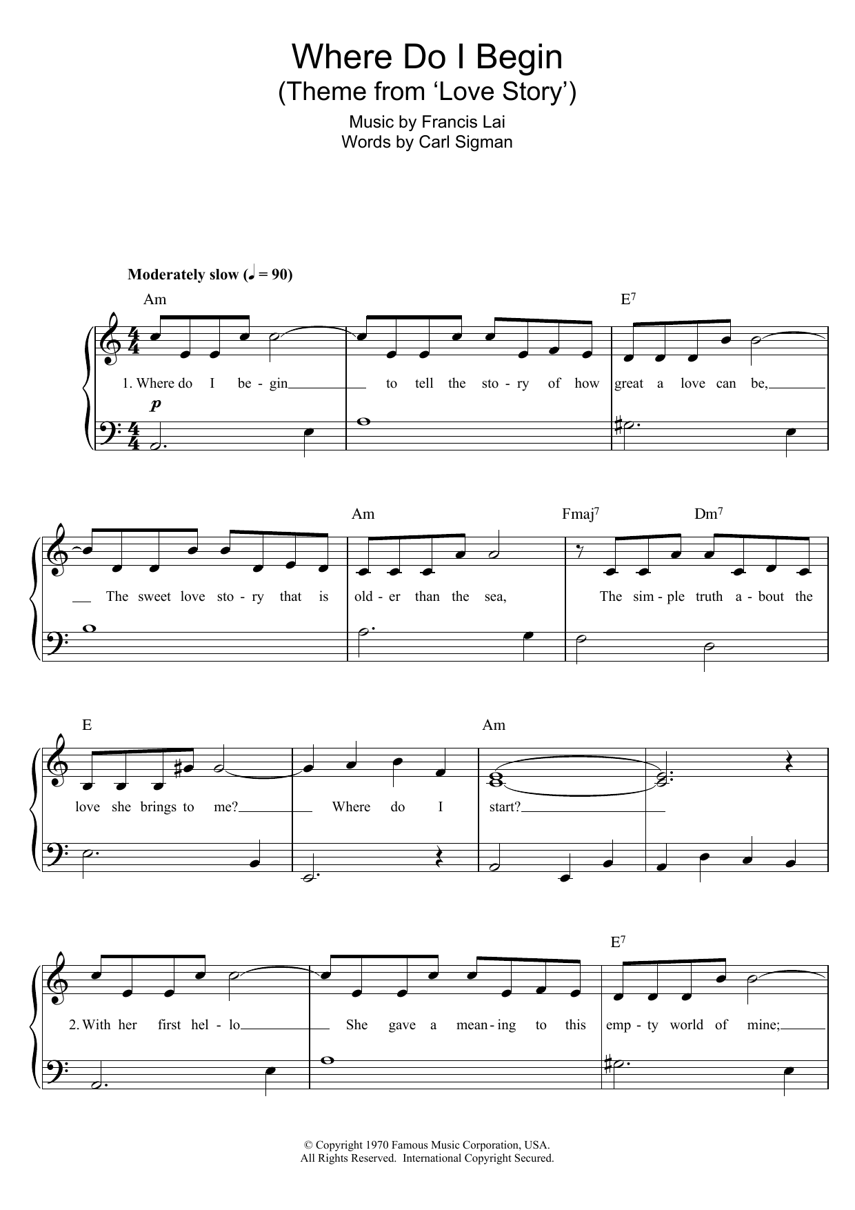 Francis Lai Where Do I Begin sheet music notes and chords arranged for Piano Solo