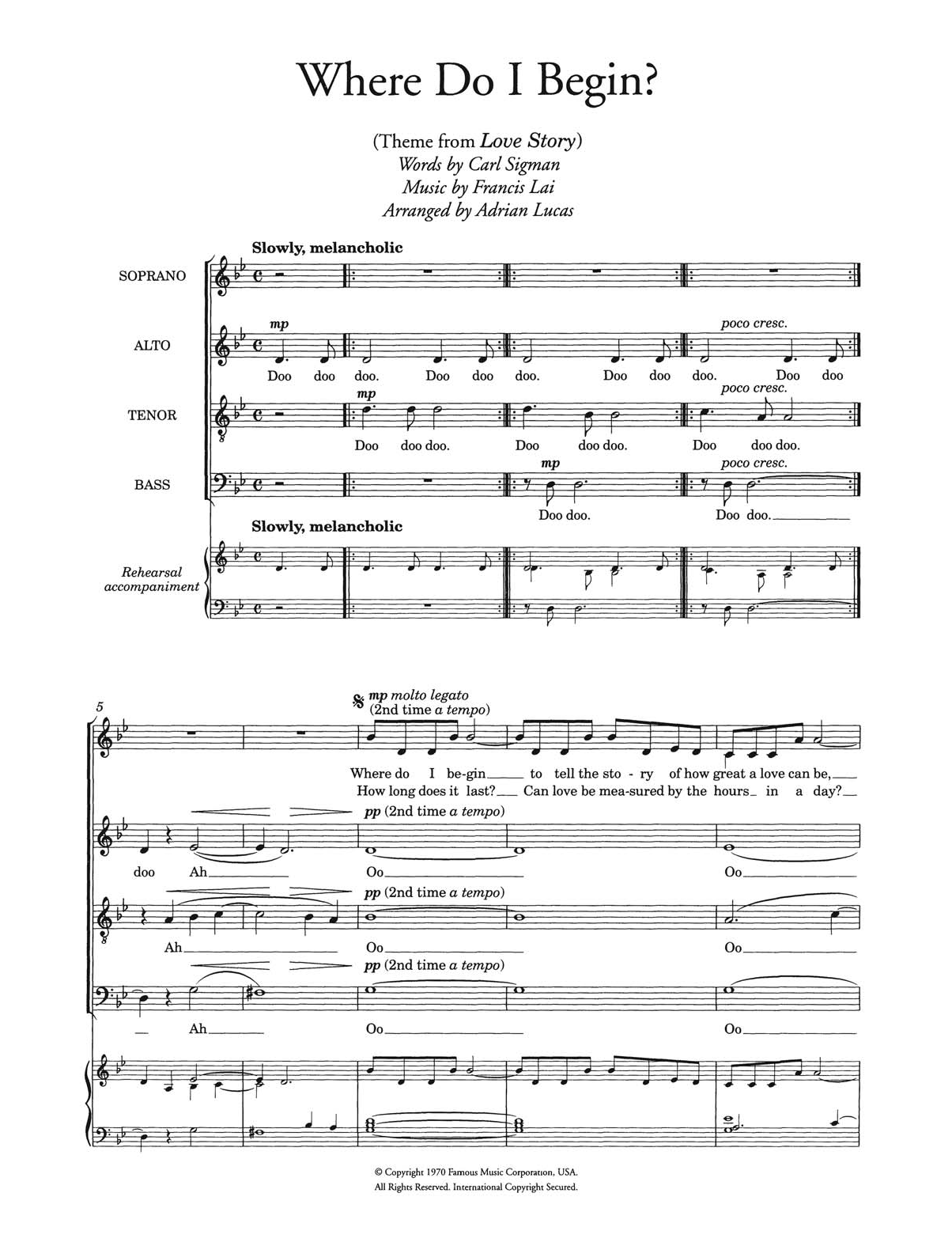 Francis Lai Where Do I Begin (theme from Love Story) (arr. Adrian Lucas) sheet music notes and chords arranged for Choir