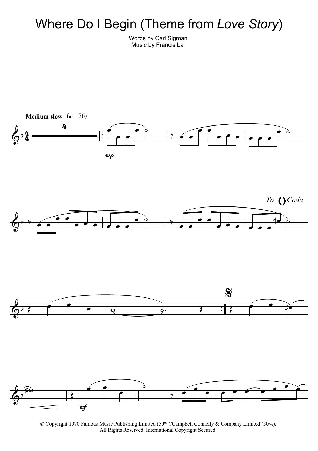 Francis Lai Where Do I Begin (theme from Love Story) sheet music notes and chords arranged for Lead Sheet / Fake Book