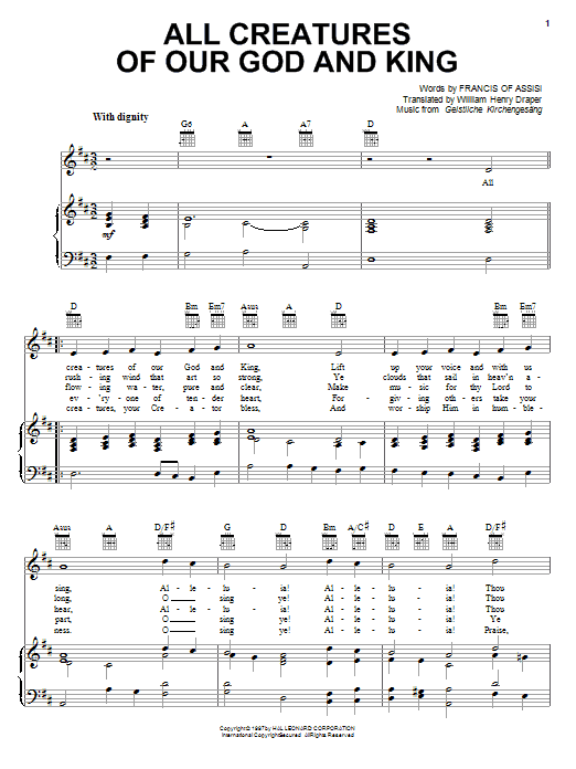 Francis Of Assisi All Creatures Of Our God And King sheet music notes and chords arranged for Piano Solo