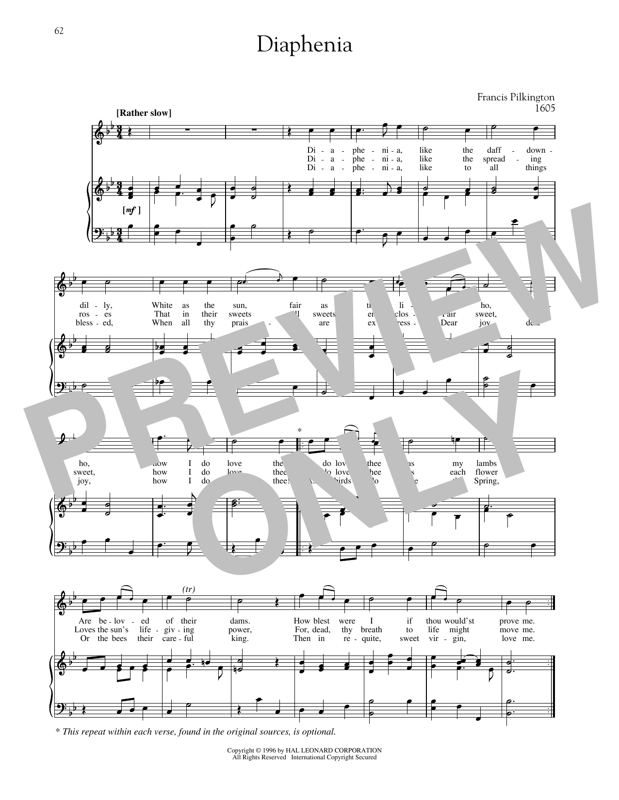 Francis Pilkington Diaphenia sheet music notes and chords arranged for Piano & Vocal