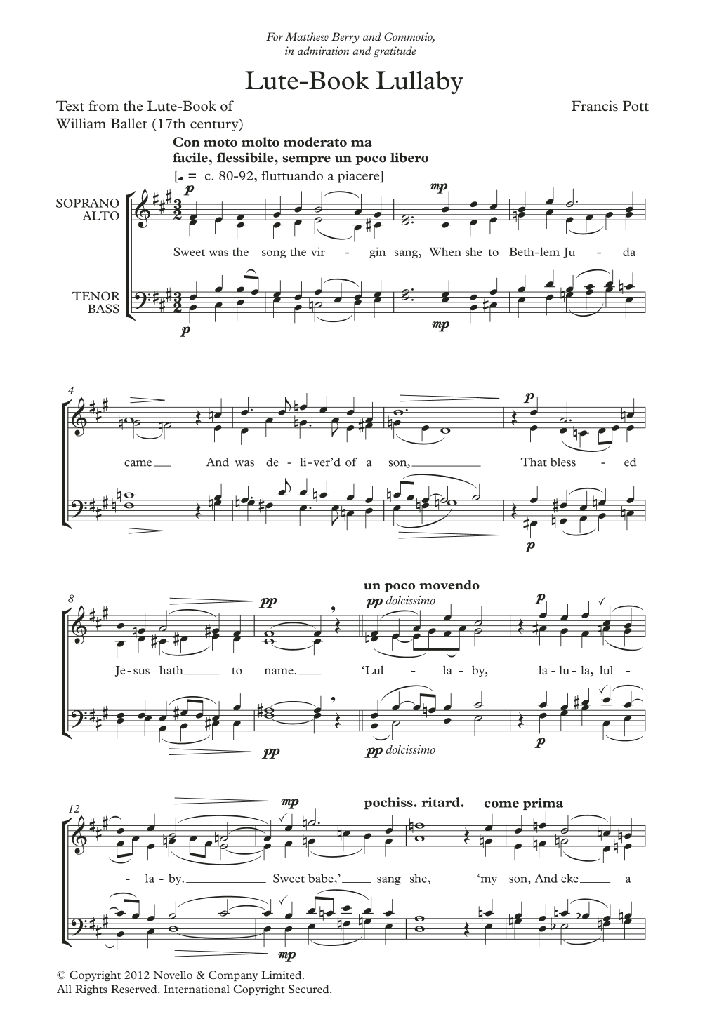 Francis Pott Lute-Book Lullaby sheet music notes and chords arranged for SATB Choir