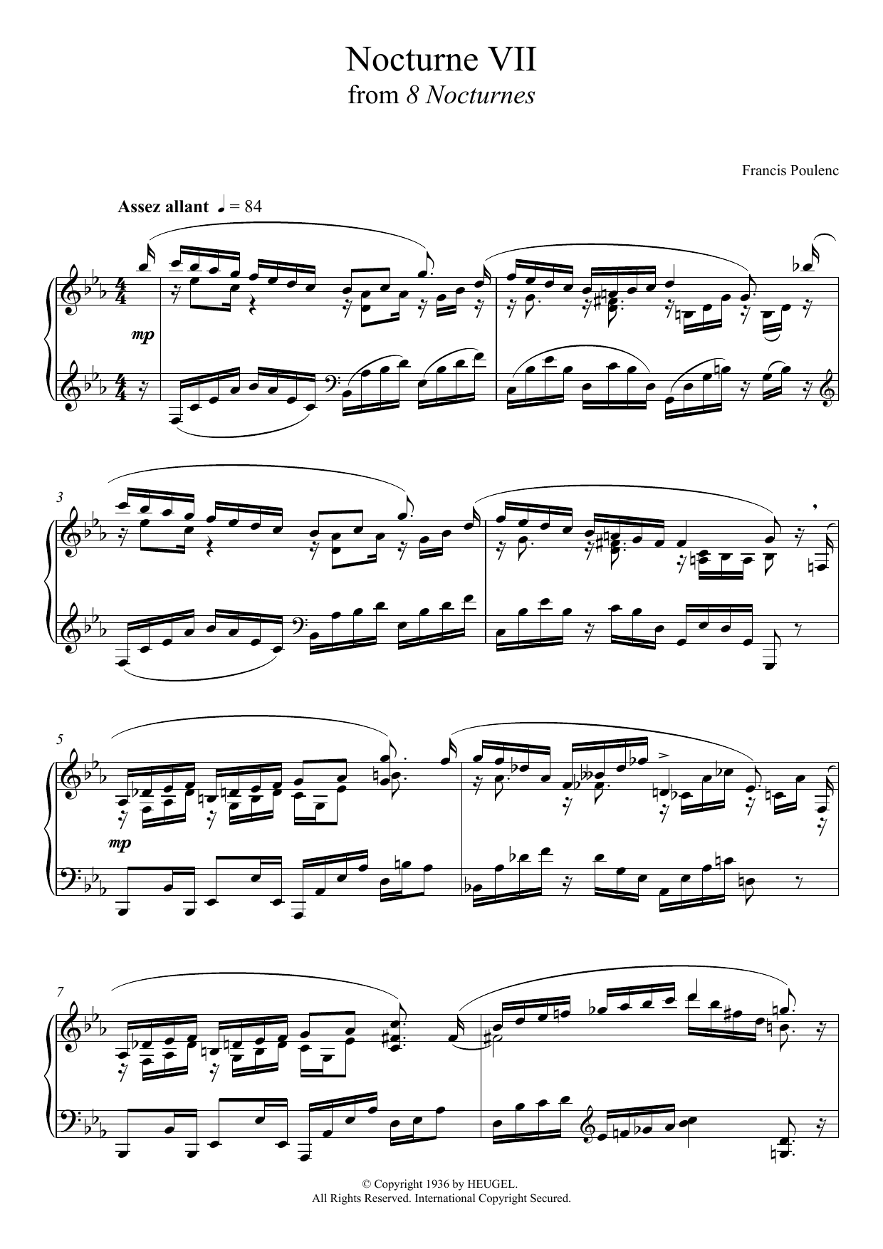Francis Poulenc 8 Nocturnes - VII. (Assez Allant) sheet music notes and chords arranged for Piano Solo