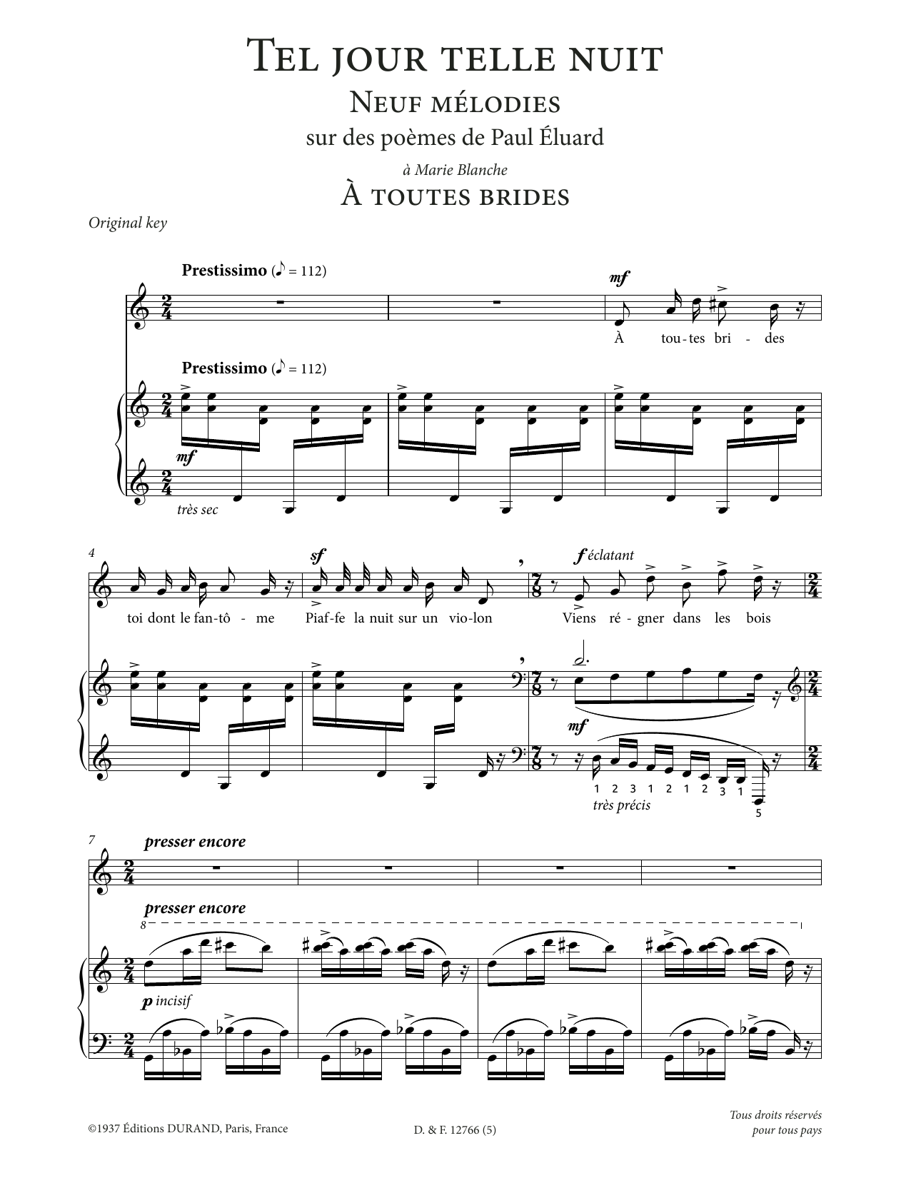 Francis Poulenc A toutes brides (High Voice) sheet music notes and chords arranged for Piano & Vocal