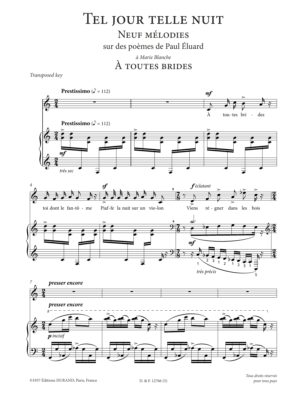Francis Poulenc A toutes brides (Low Voice) sheet music notes and chords arranged for Piano & Vocal