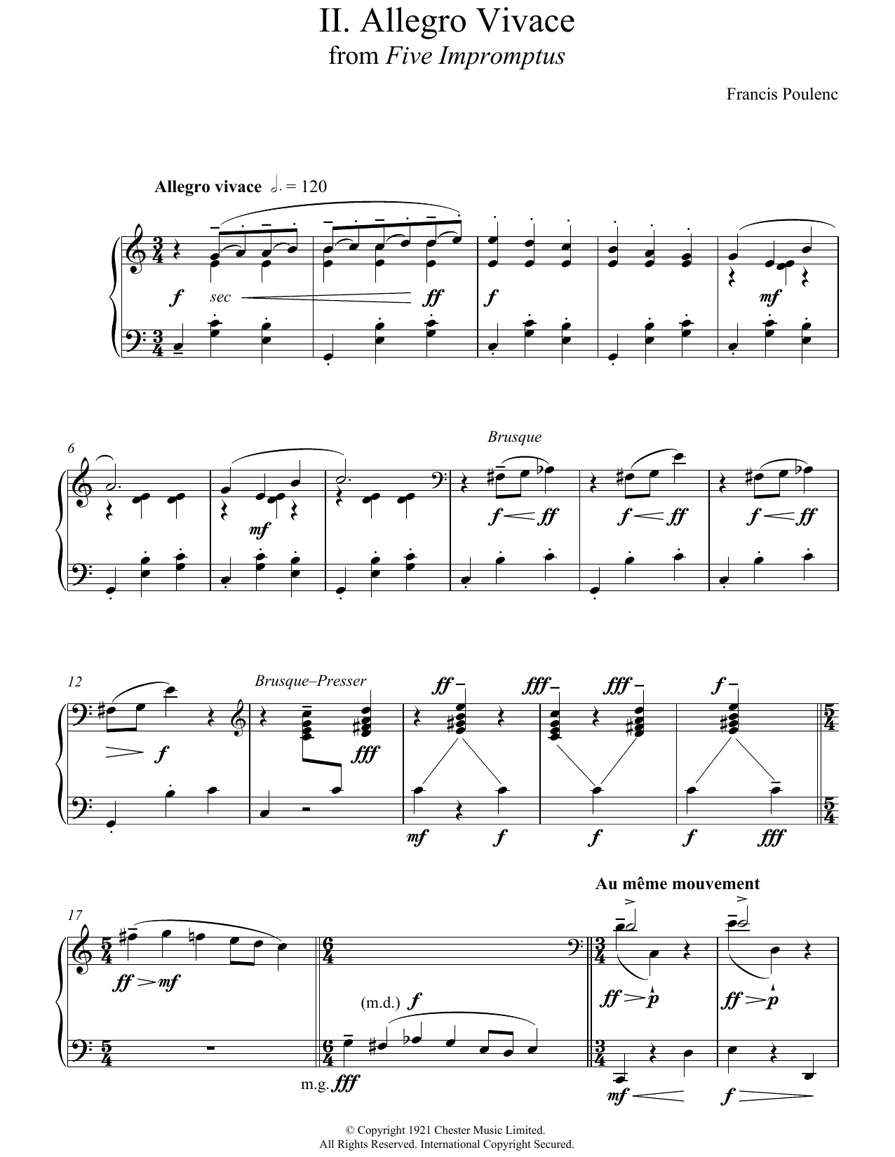 Francis Poulenc Allegro Vivace (From Five Impromptus) sheet music notes and chords arranged for Piano Solo
