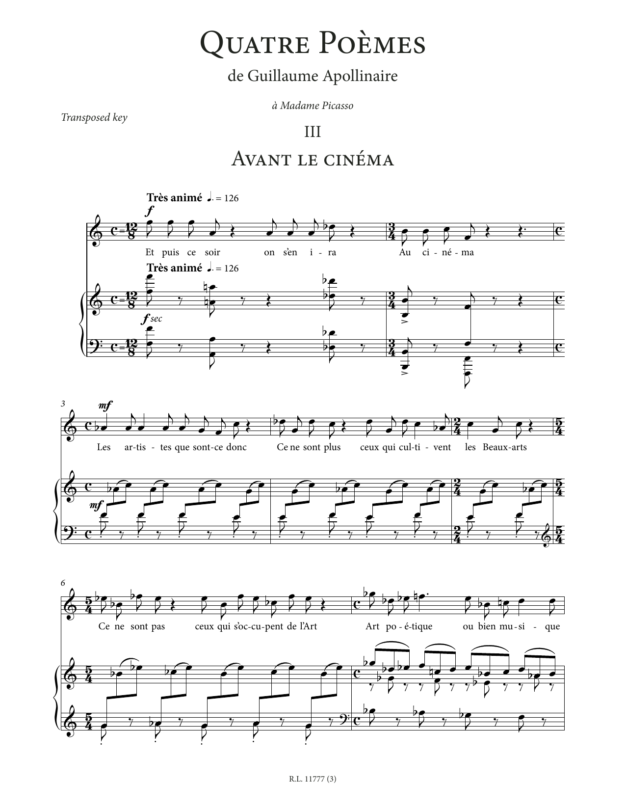 Francis Poulenc Avant le cinéma (High Voice) sheet music notes and chords arranged for Piano & Vocal