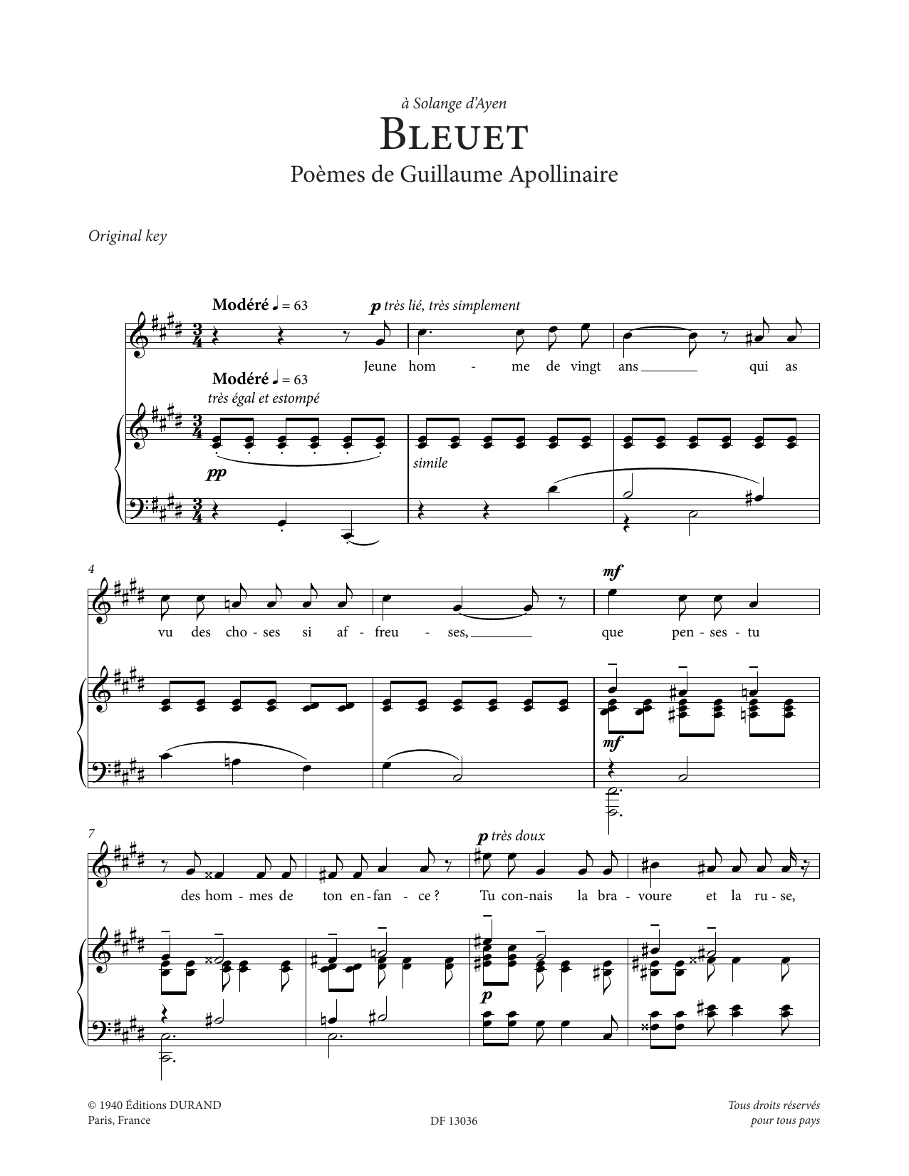 Francis Poulenc Bleuet (High Voice) sheet music notes and chords arranged for Piano & Vocal