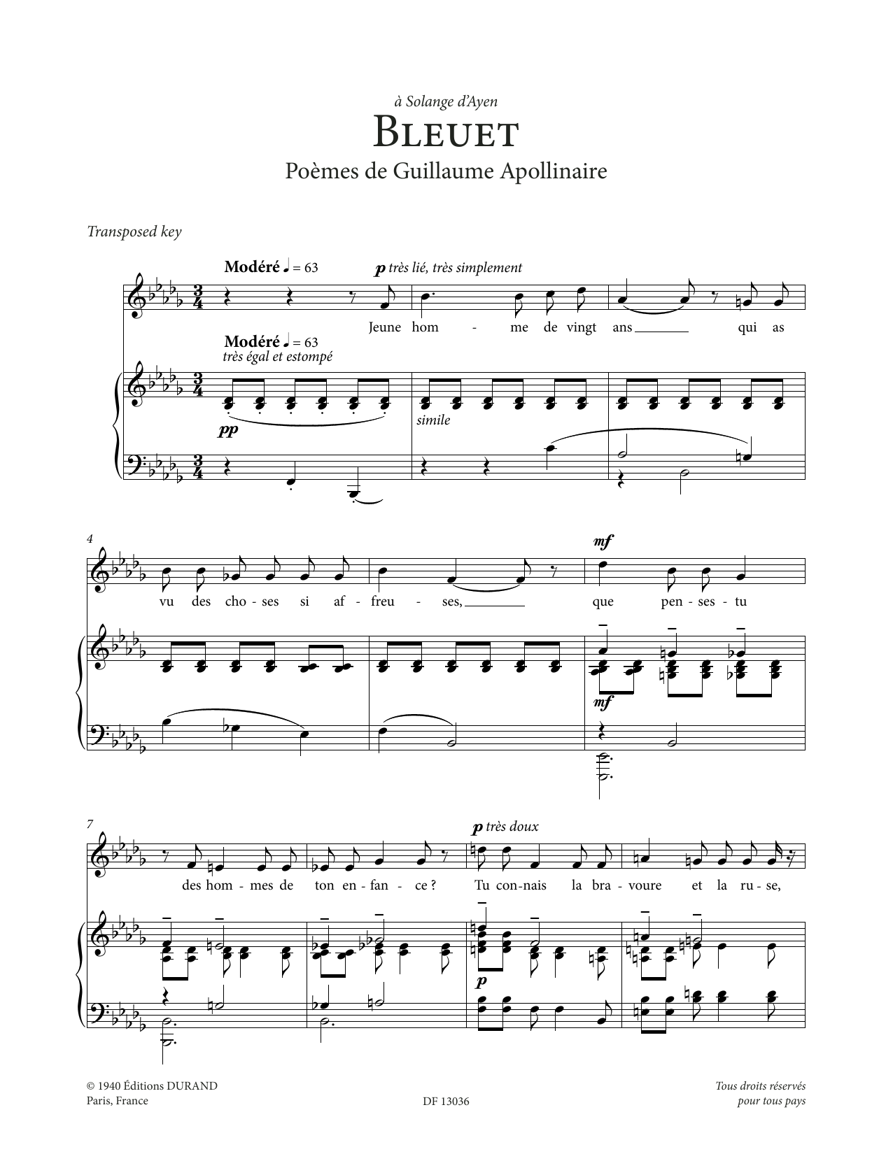 Francis Poulenc Bleuet (Low Voice) sheet music notes and chords arranged for Piano & Vocal