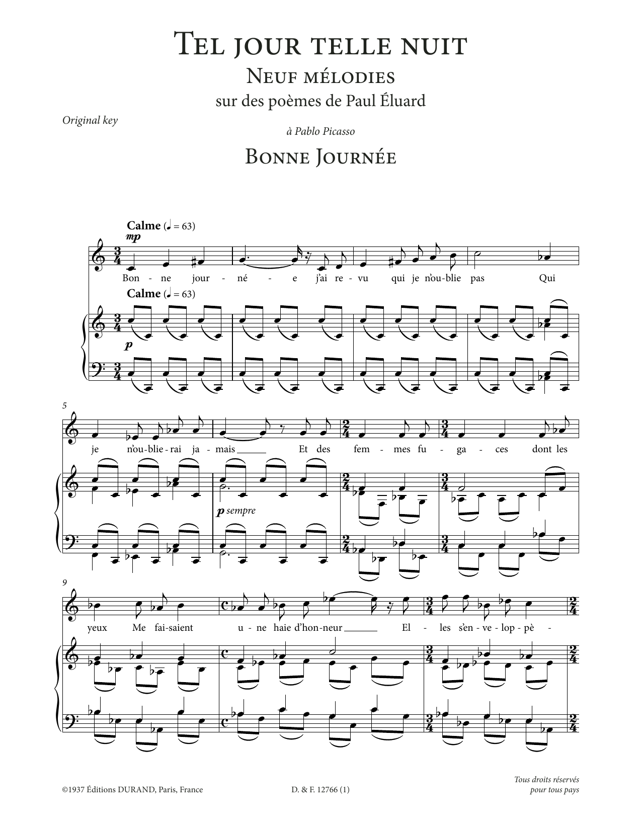 Francis Poulenc Bonne journée (High Voice) sheet music notes and chords arranged for Piano & Vocal