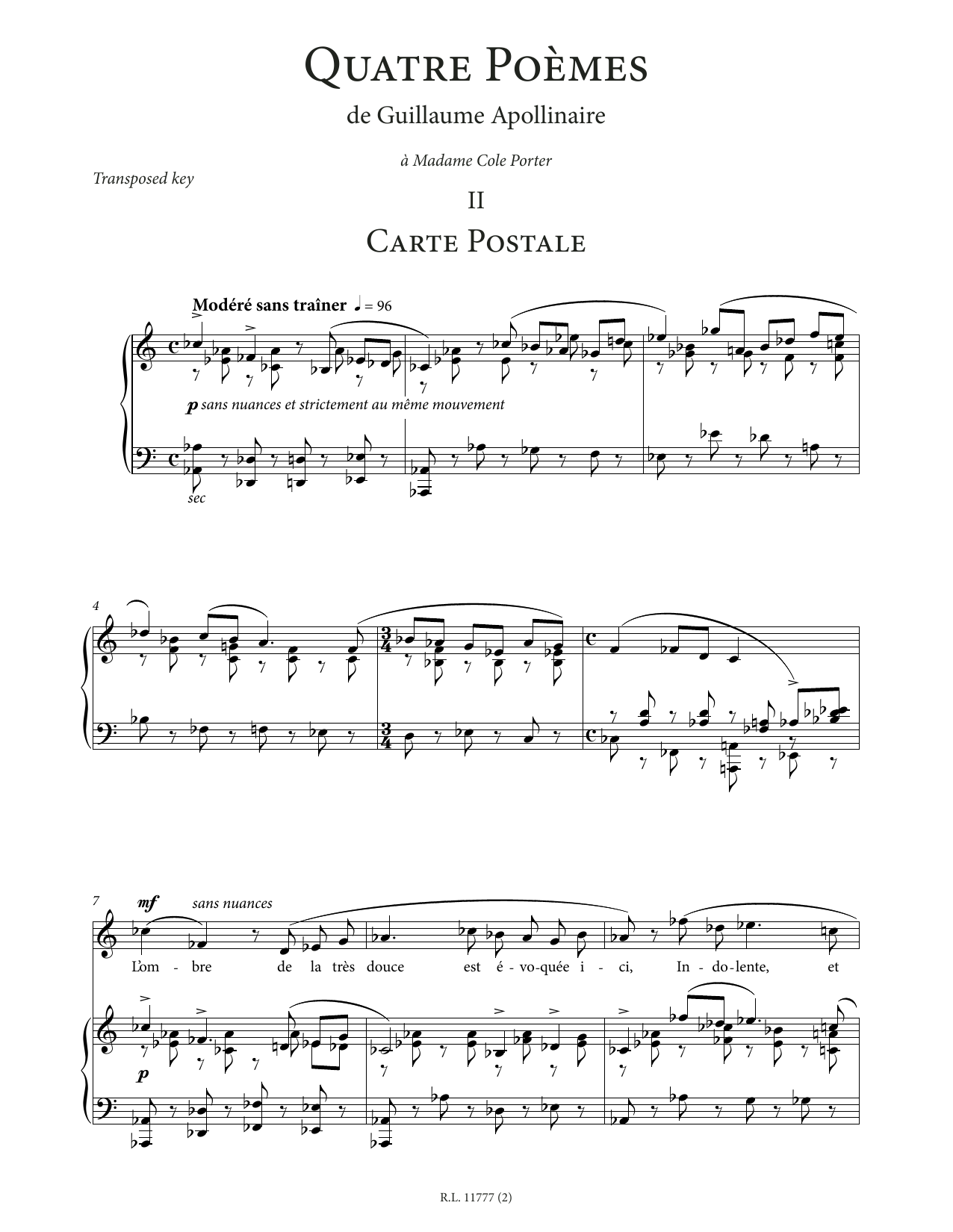Francis Poulenc Carte postale (High Voice) sheet music notes and chords arranged for Piano & Vocal