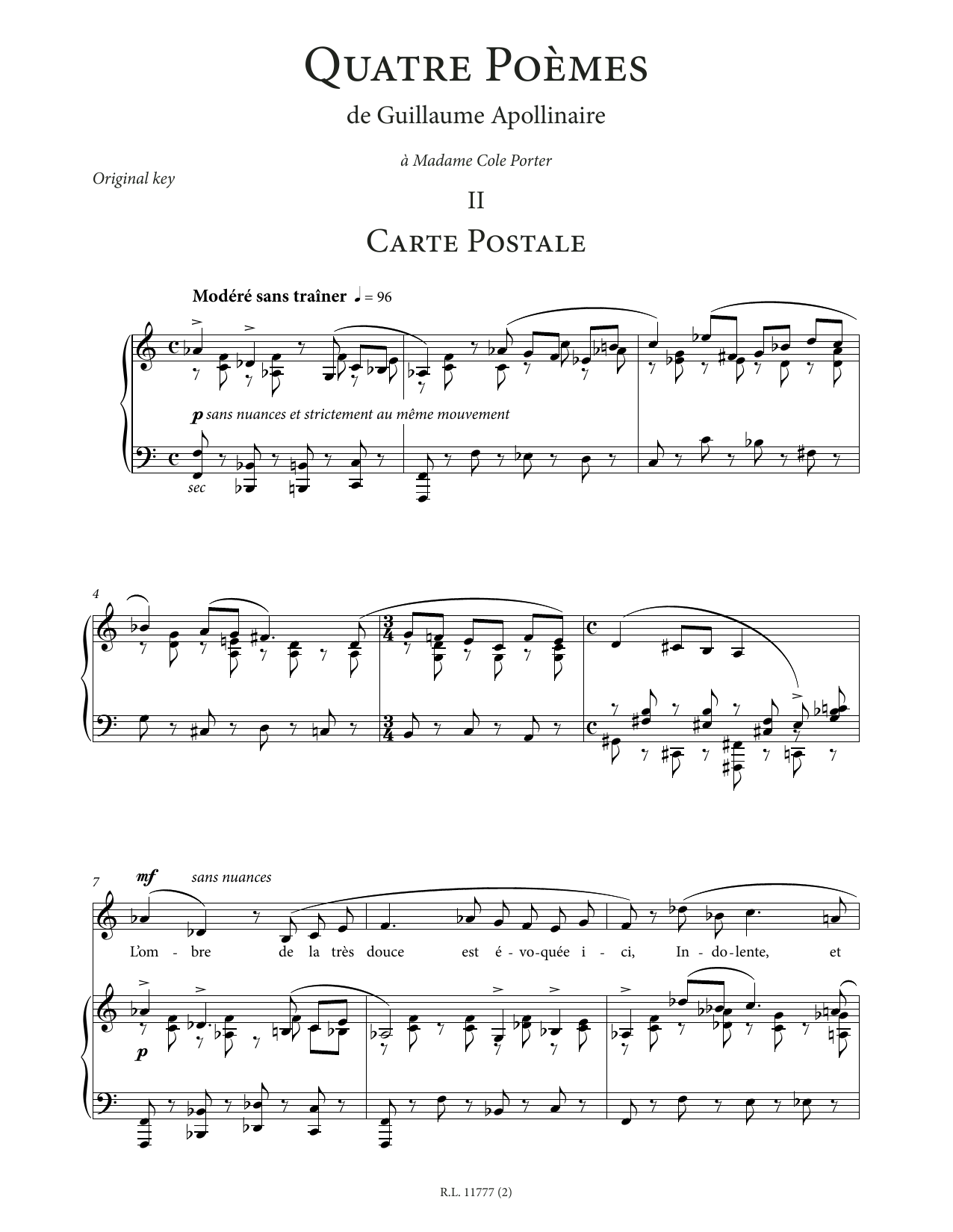 Francis Poulenc Carte postale (Low Voice) sheet music notes and chords arranged for Piano & Vocal
