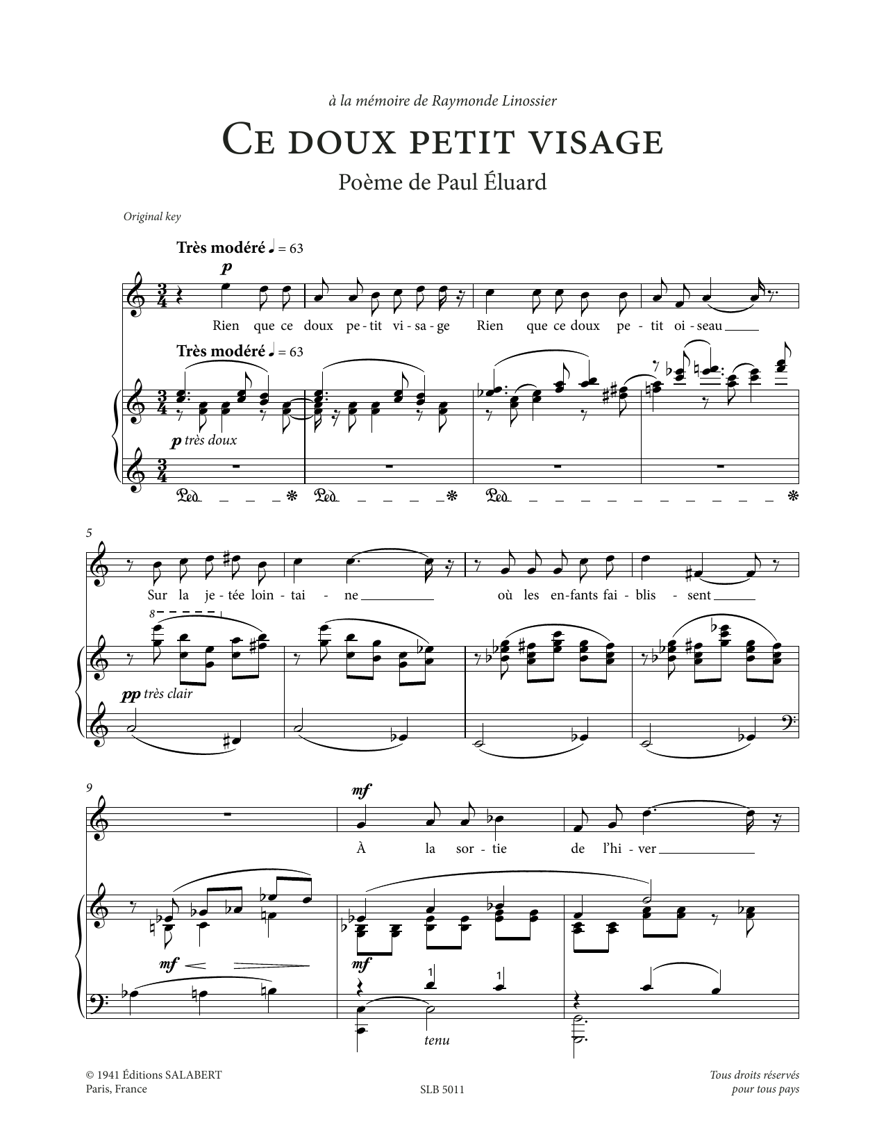 Francis Poulenc Ce doux petit visage (High Voice) sheet music notes and chords arranged for Piano & Vocal