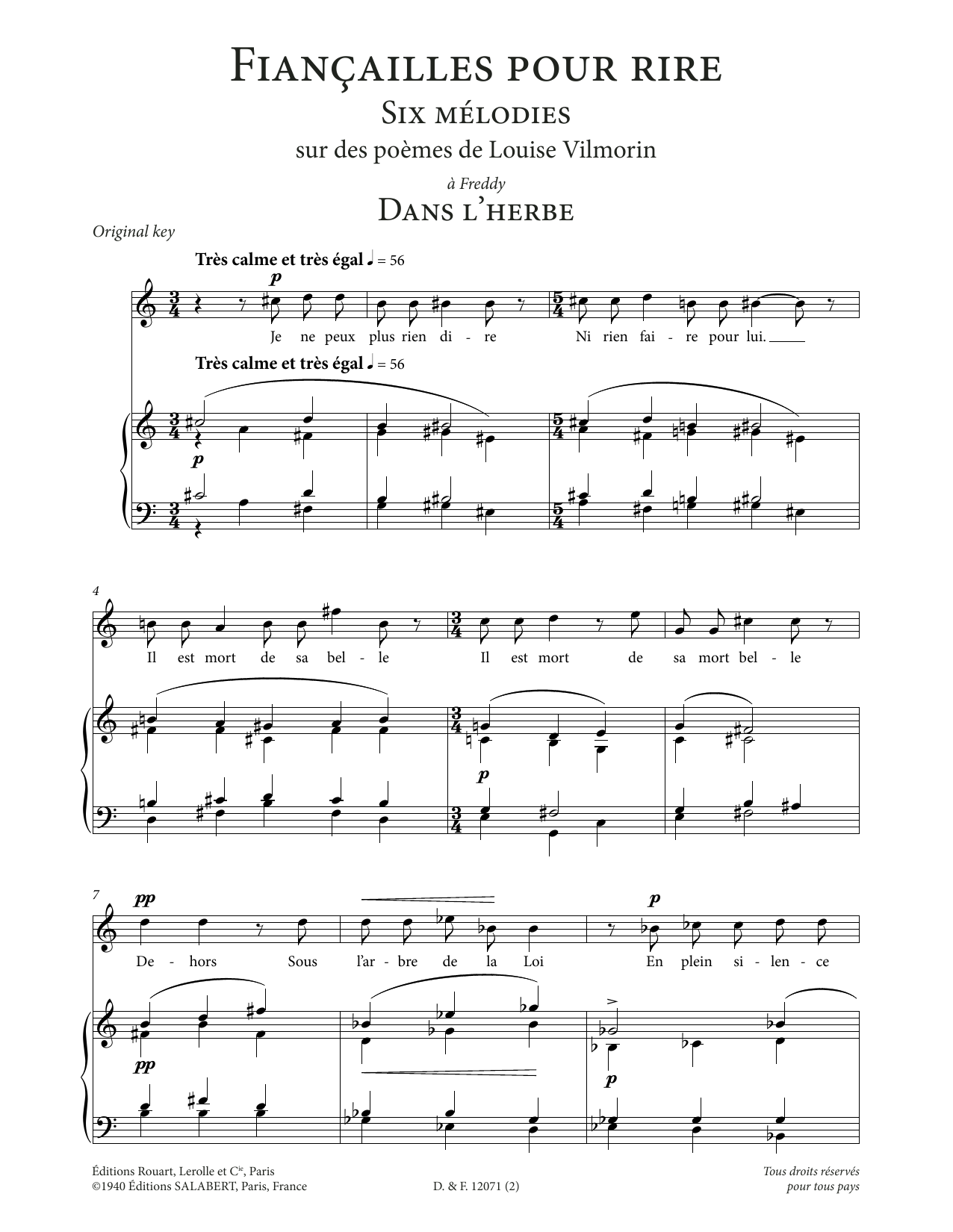 Francis Poulenc Dans l'herbe (High Voice) sheet music notes and chords arranged for Piano & Vocal