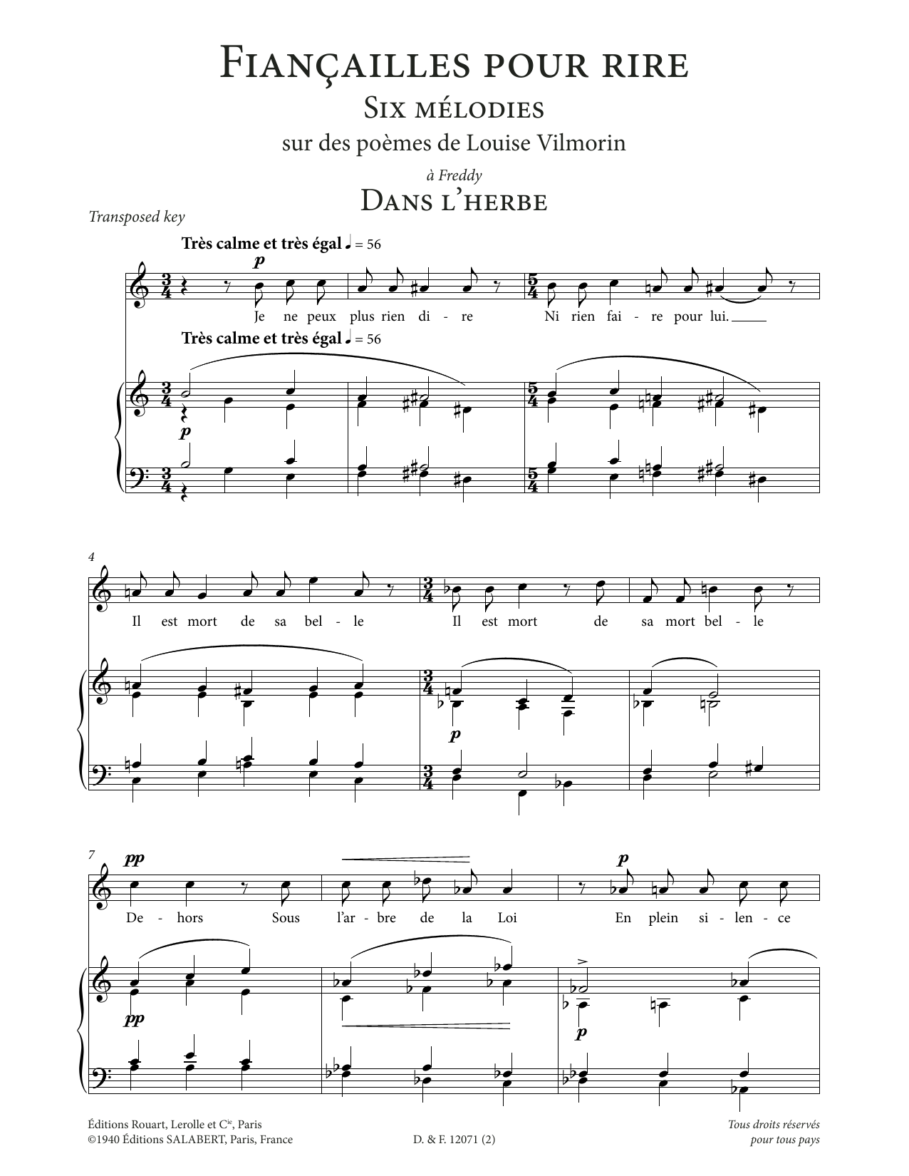 Francis Poulenc Dans l'herbe (Low Voice) sheet music notes and chords arranged for Piano & Vocal