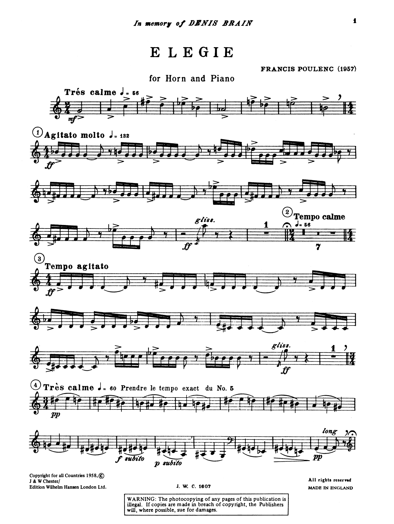 Francis Poulenc Elegie for Horn and Piano sheet music notes and chords arranged for French Horn Solo