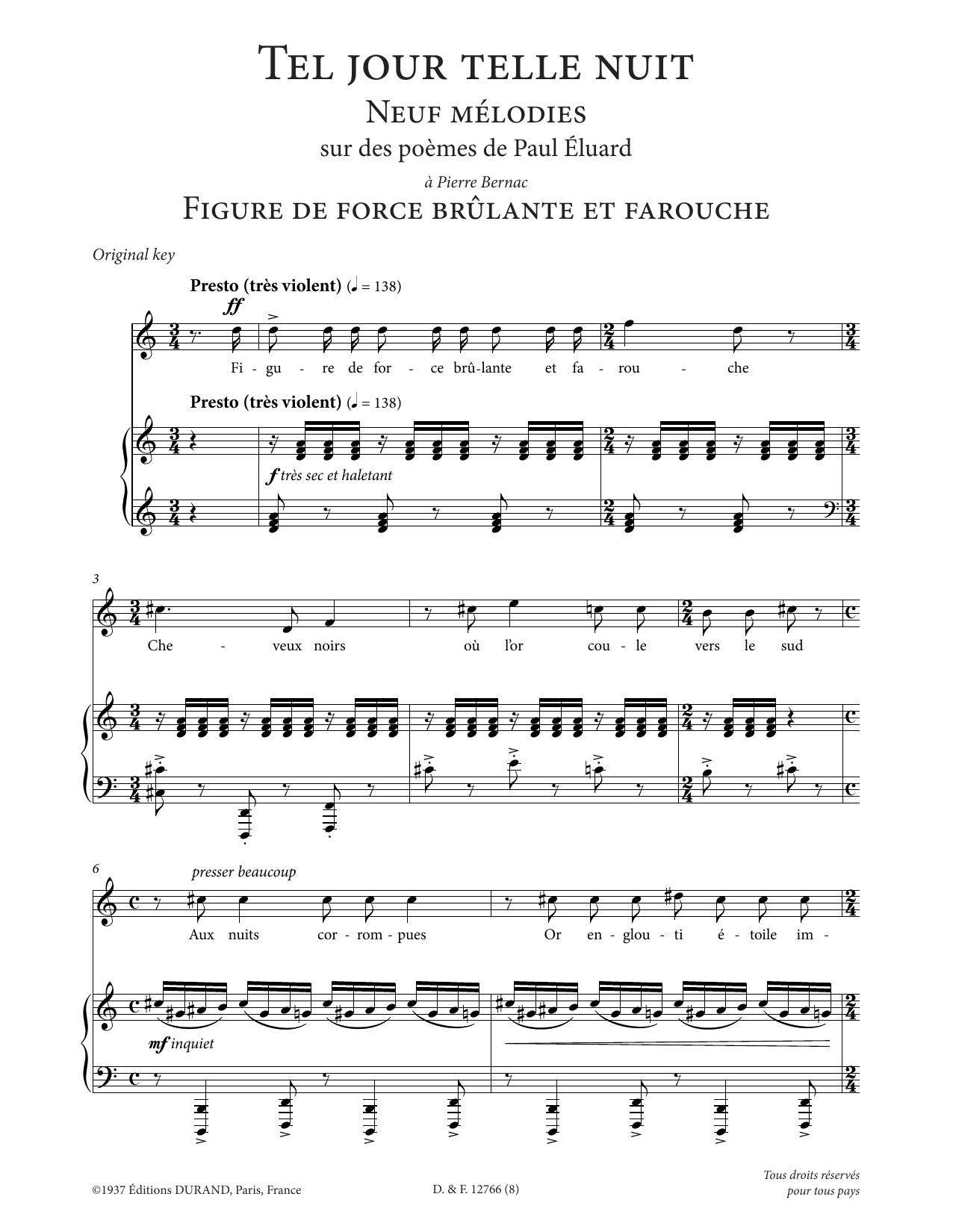 Francis Poulenc Figure de force brulante et farouche (High Voice) sheet music notes and chords arranged for Piano & Vocal