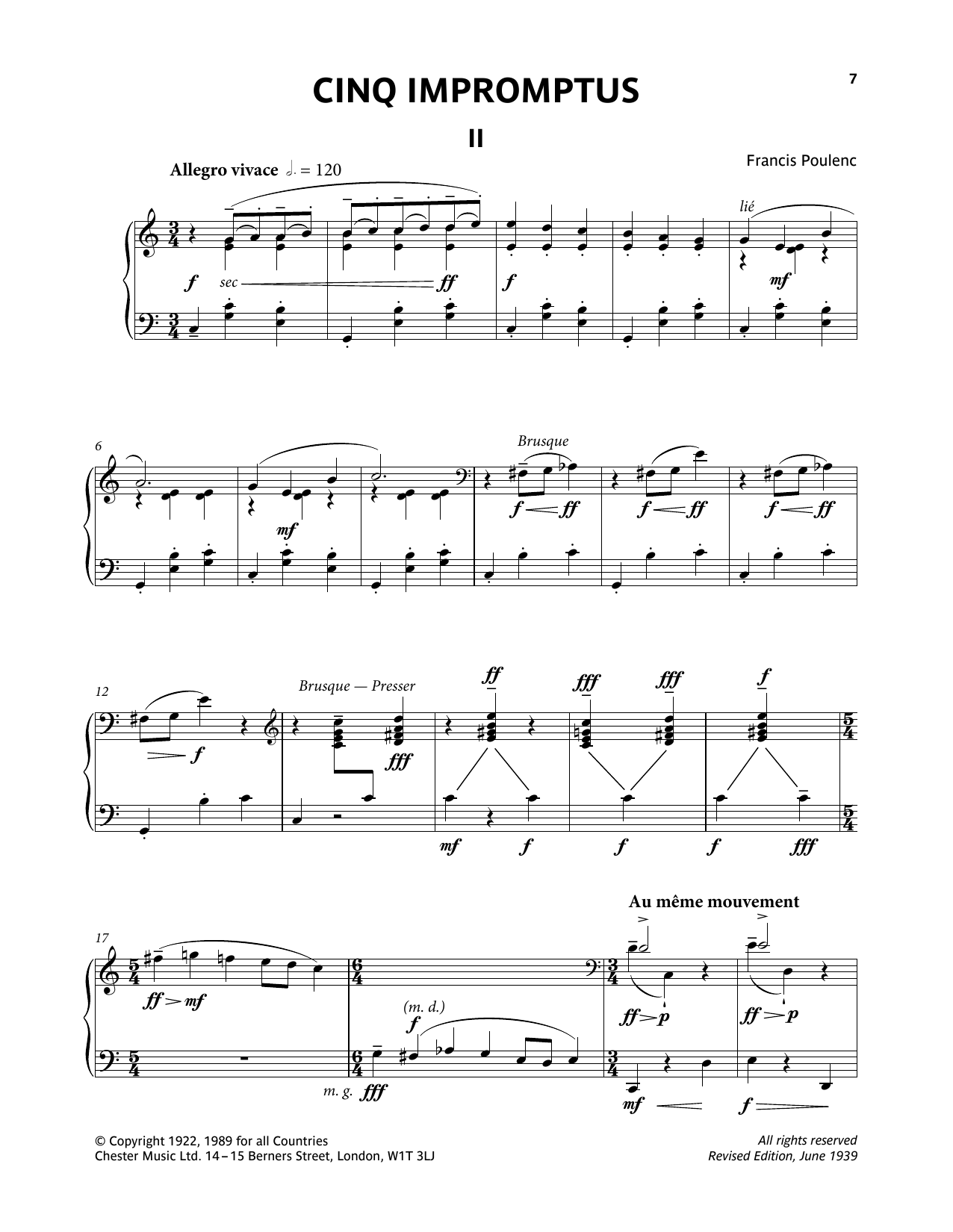 Francis Poulenc Five Impromptus - II. Allegro Vivace sheet music notes and chords arranged for Piano Solo