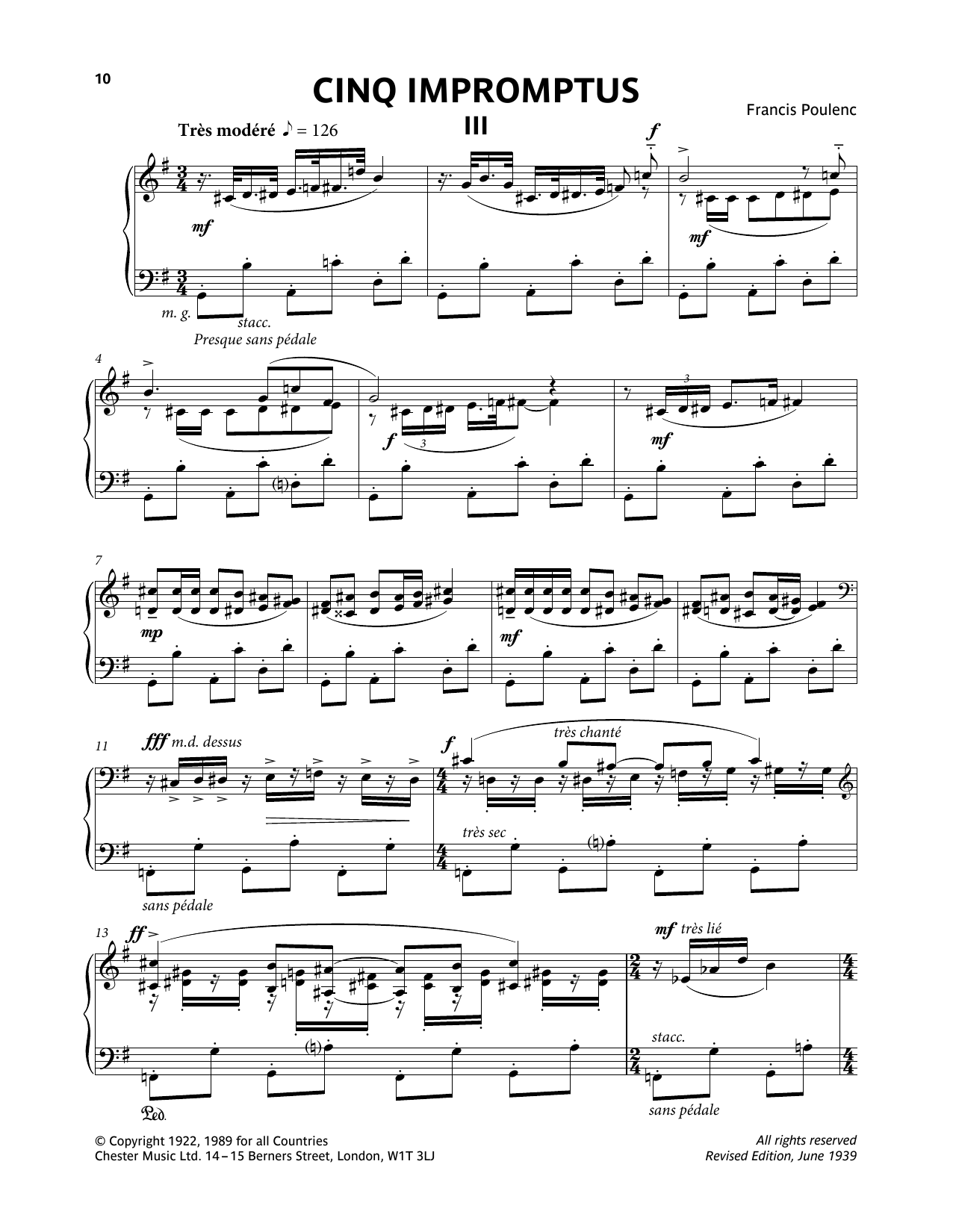 Francis Poulenc Five Impromptus - III. Tres Modere sheet music notes and chords arranged for Piano Solo