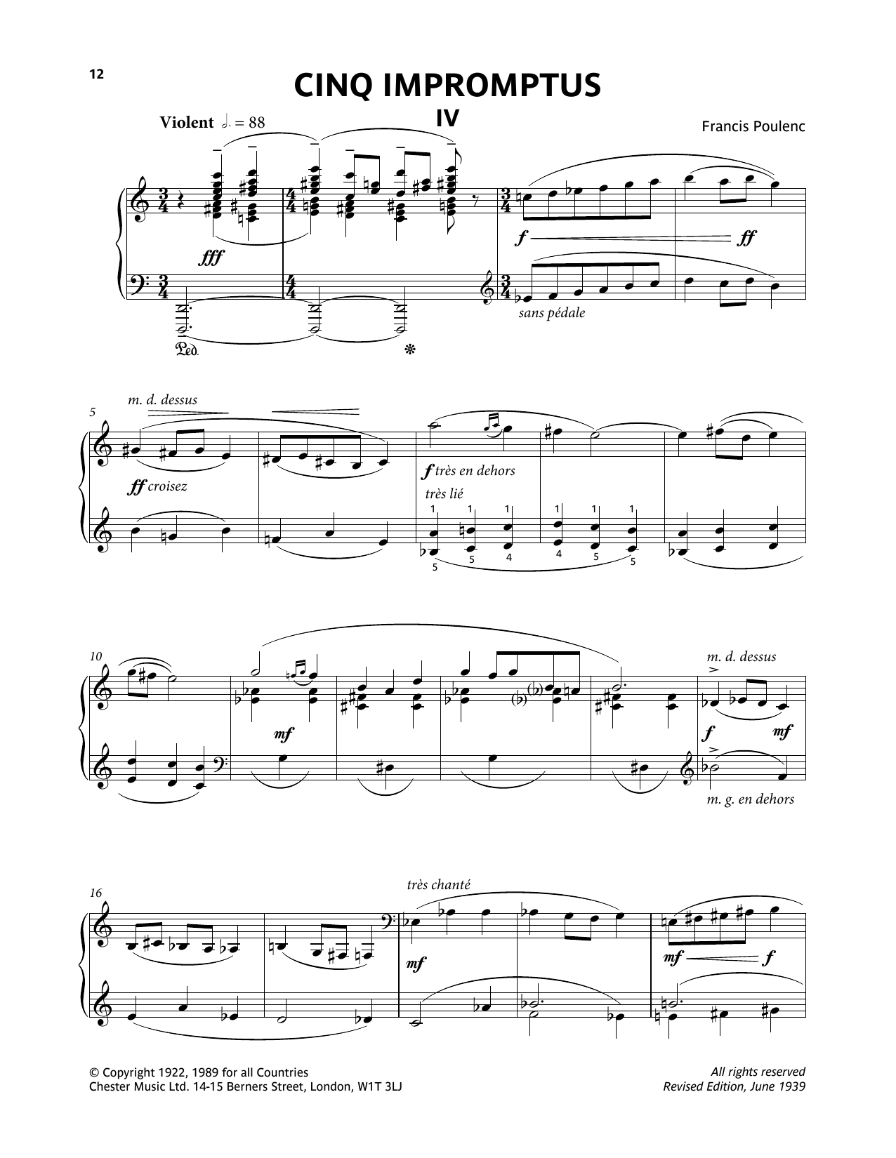 Francis Poulenc Five Impromptus - IV. Violent sheet music notes and chords arranged for Piano Solo