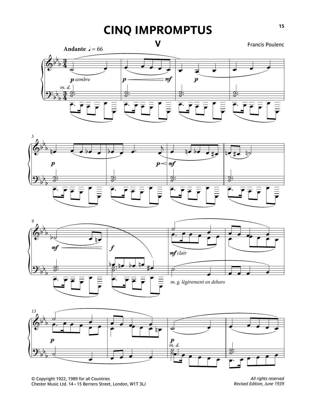 Francis Poulenc Five Impromptus - V. Andante sheet music notes and chords arranged for Piano Solo