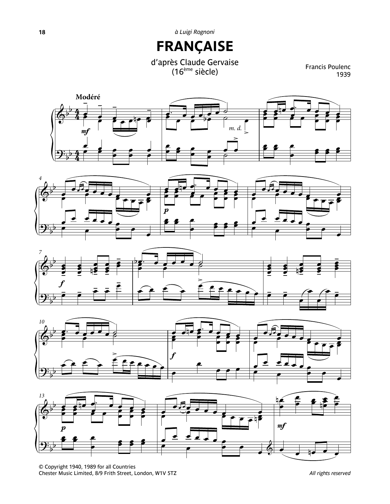 Francis Poulenc Francaise D'Apres Claude Gervaise (16eme Siecle) sheet music notes and chords arranged for Piano Solo