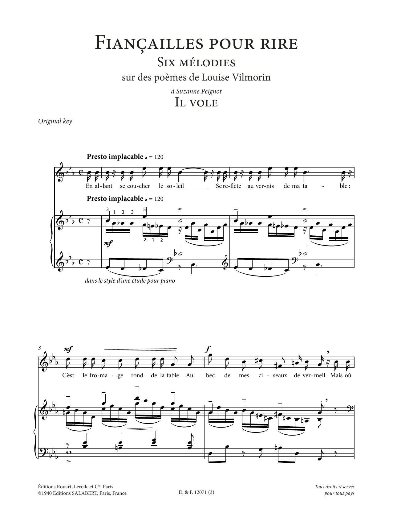 Francis Poulenc Il vole (High Voice) sheet music notes and chords arranged for Piano & Vocal