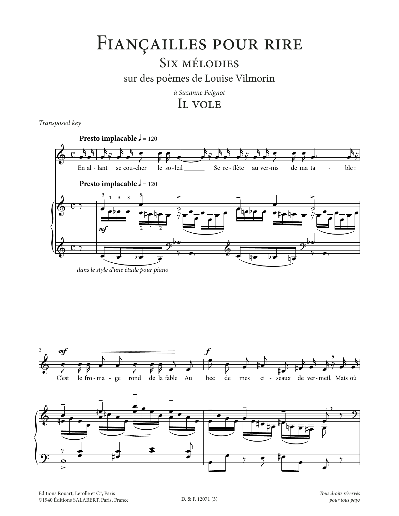 Francis Poulenc Il vole (Low Voice) sheet music notes and chords arranged for Piano & Vocal