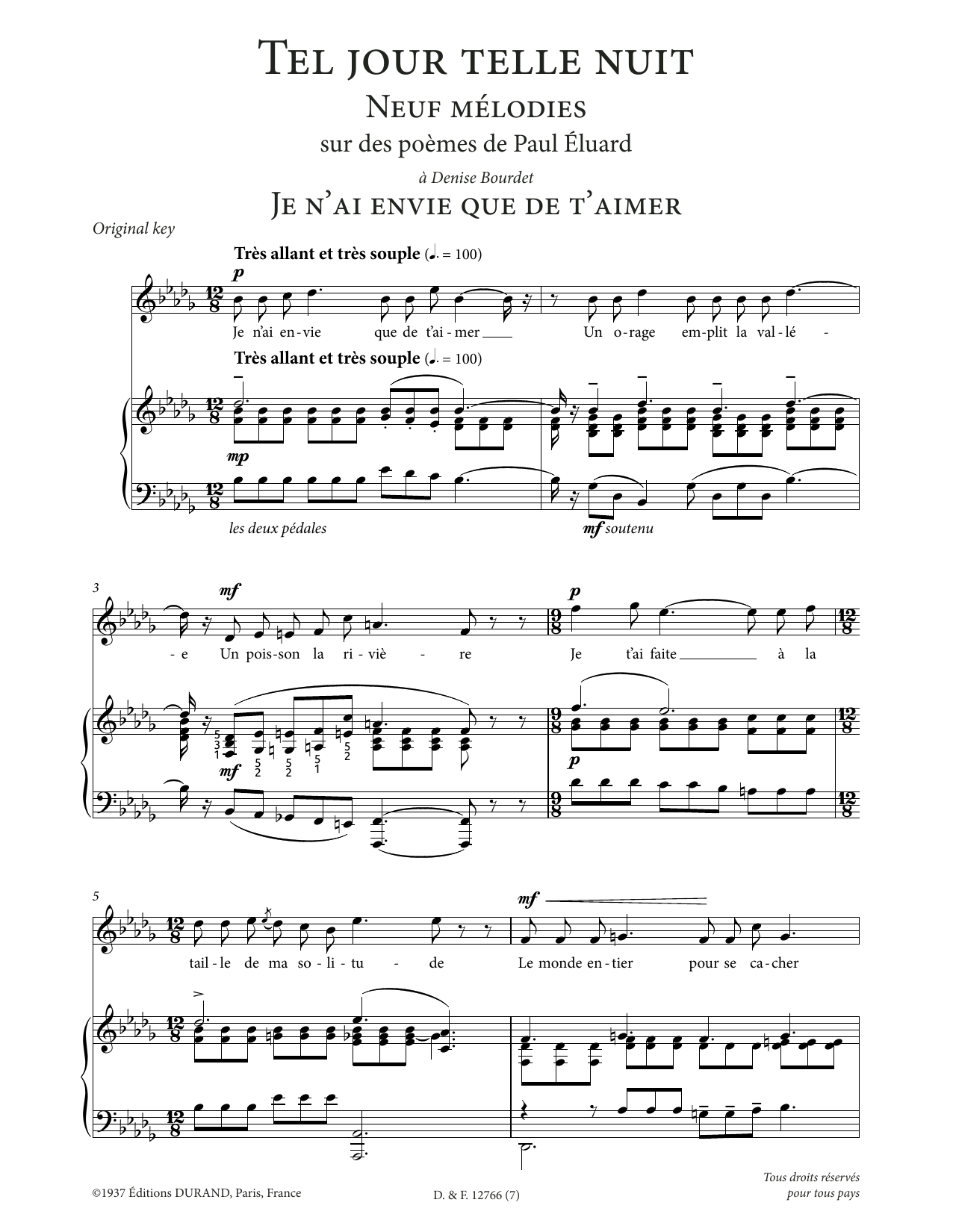 Francis Poulenc Je n'ai envie que de t'aimer (High Voice) sheet music notes and chords arranged for Piano & Vocal