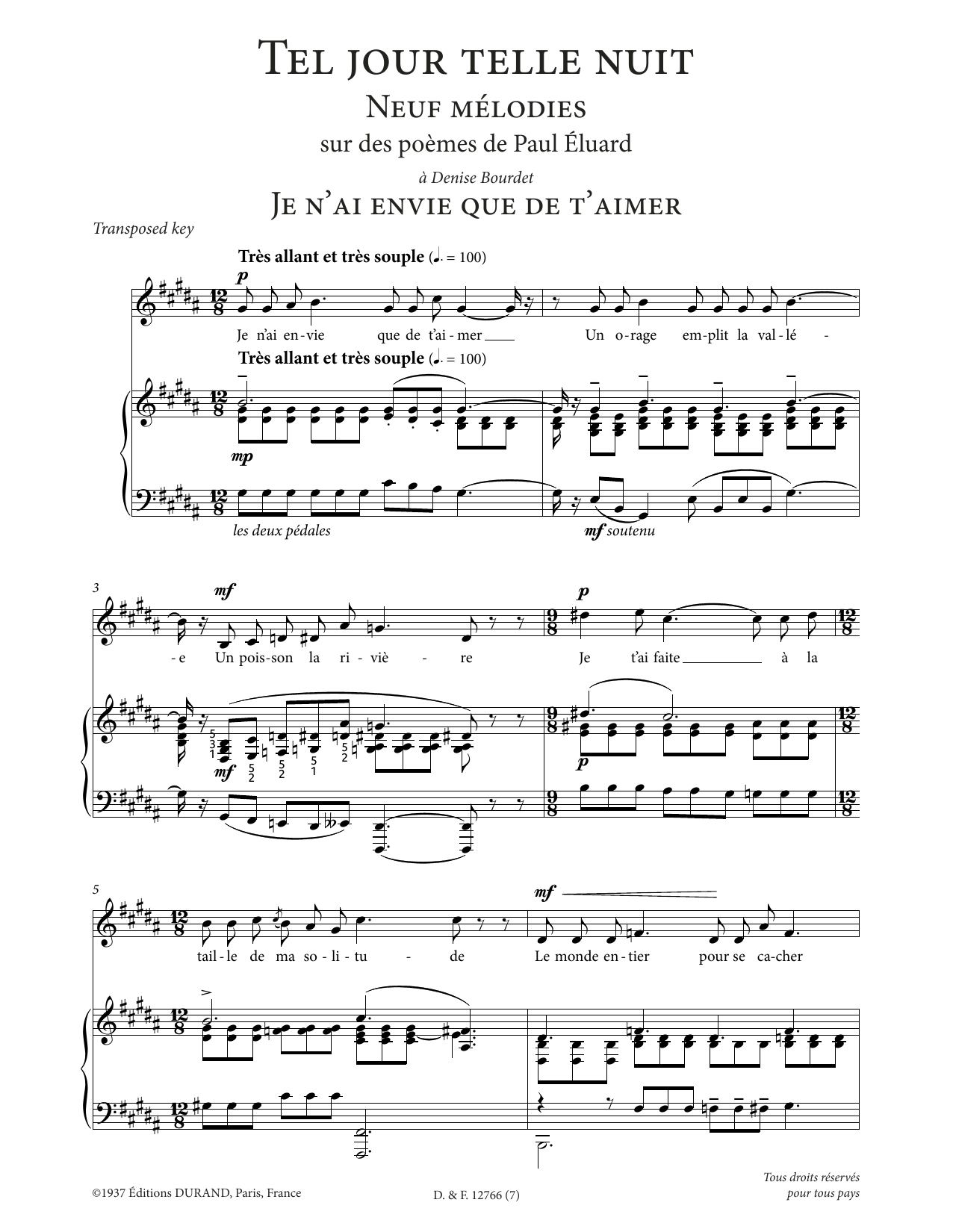 Francis Poulenc Je n'ai envie que de t'aimer (Low Voice) sheet music notes and chords arranged for Piano & Vocal