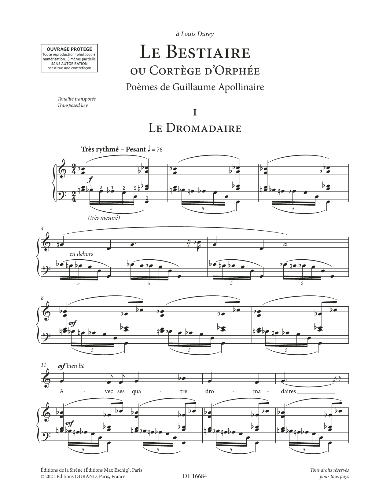 Francis Poulenc Le Bestiaire ou le Cortège d'Orphée (High Voice) sheet music notes and chords arranged for Piano & Vocal
