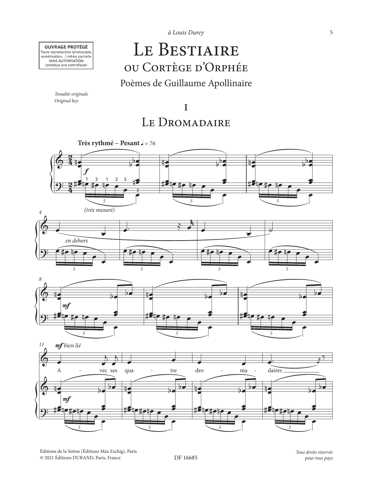 Francis Poulenc Le Bestiaire ou le Cortège d'Orphée (Low Voice) sheet music notes and chords arranged for Piano & Vocal