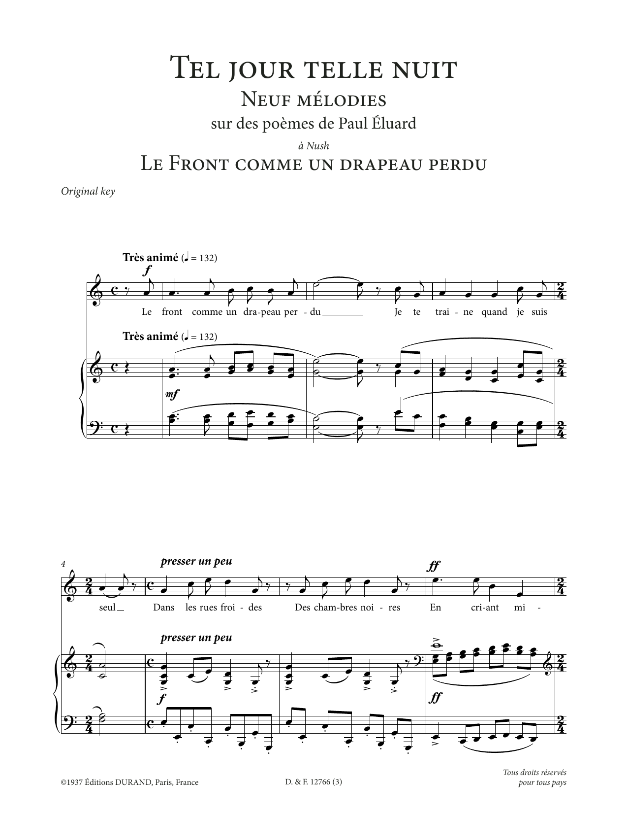 Francis Poulenc Le front comme un drapeau perdu (High Voice) sheet music notes and chords arranged for Piano & Vocal