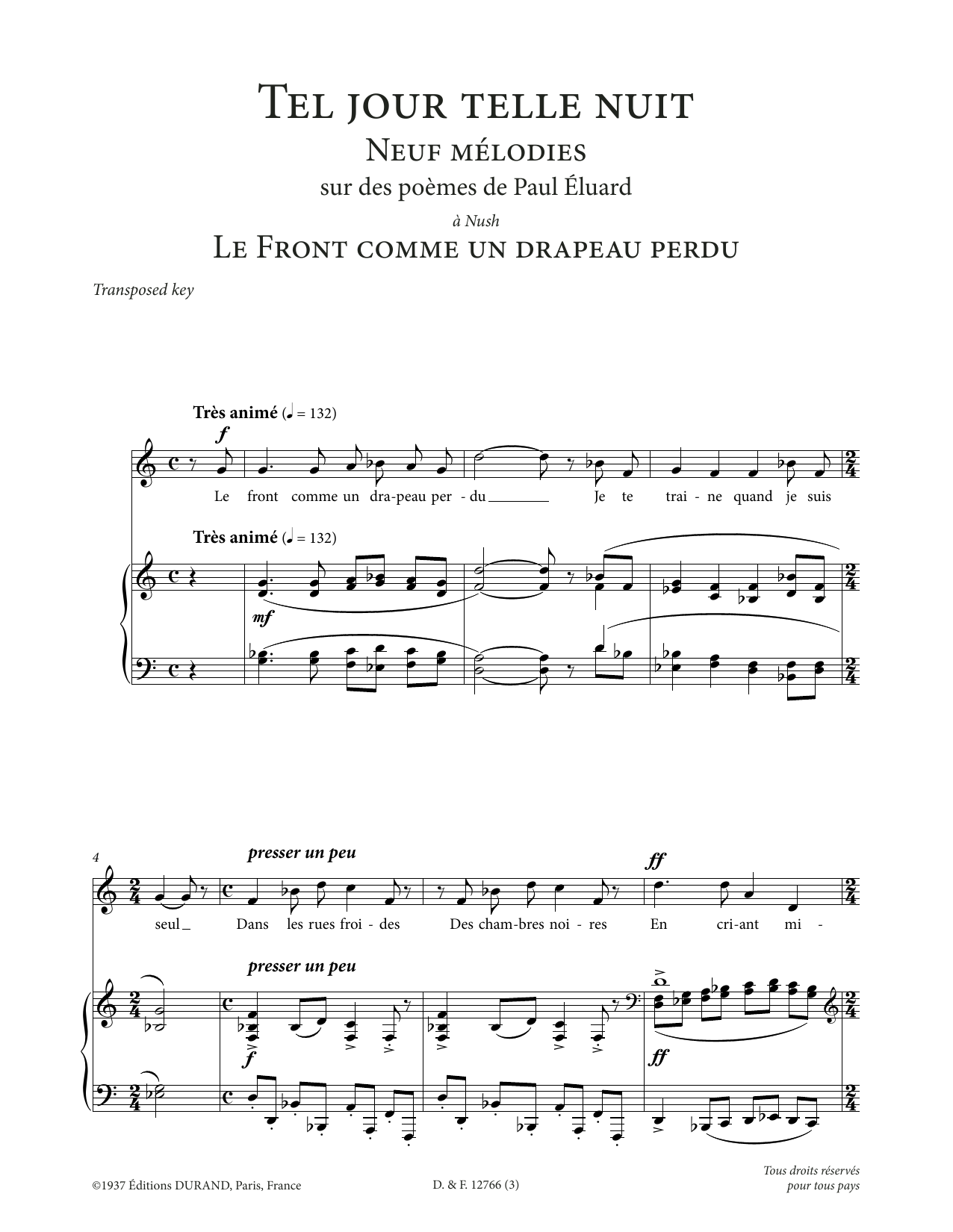 Francis Poulenc Le front comme un drapeau perdu (Low Voice) sheet music notes and chords arranged for Piano & Vocal