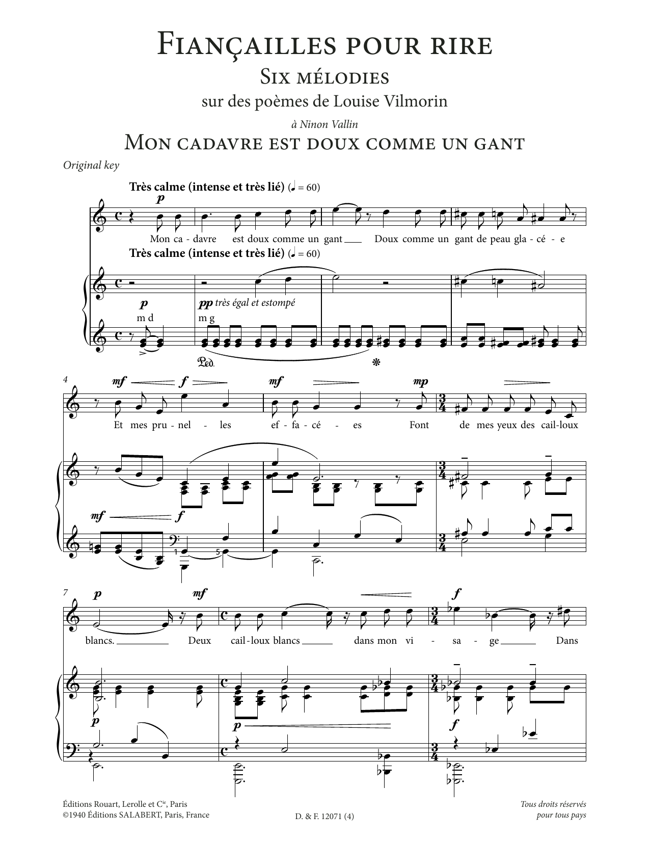 Francis Poulenc Mon cadavre est doux comme un gant (High Voice) sheet music notes and chords arranged for Piano & Vocal