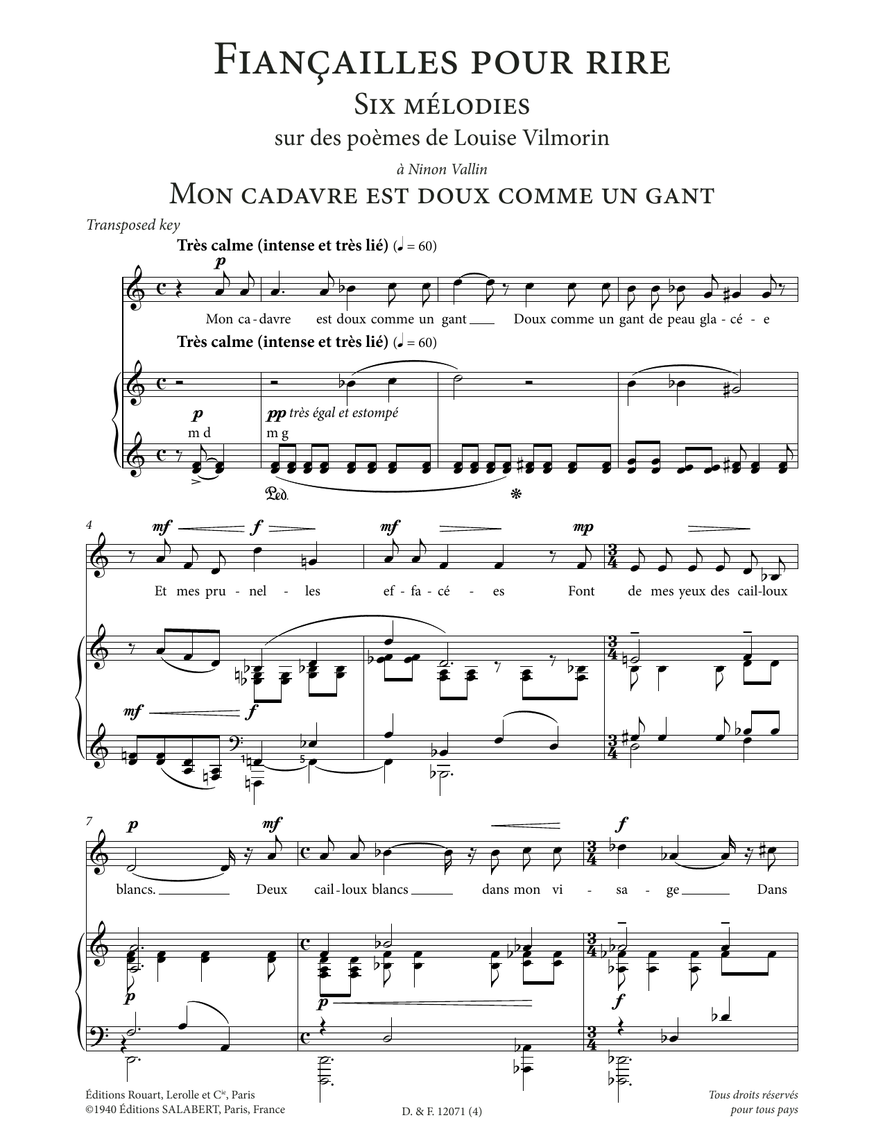 Francis Poulenc Mon cadavre est doux comme un gant (Low Voice) sheet music notes and chords arranged for Piano & Vocal