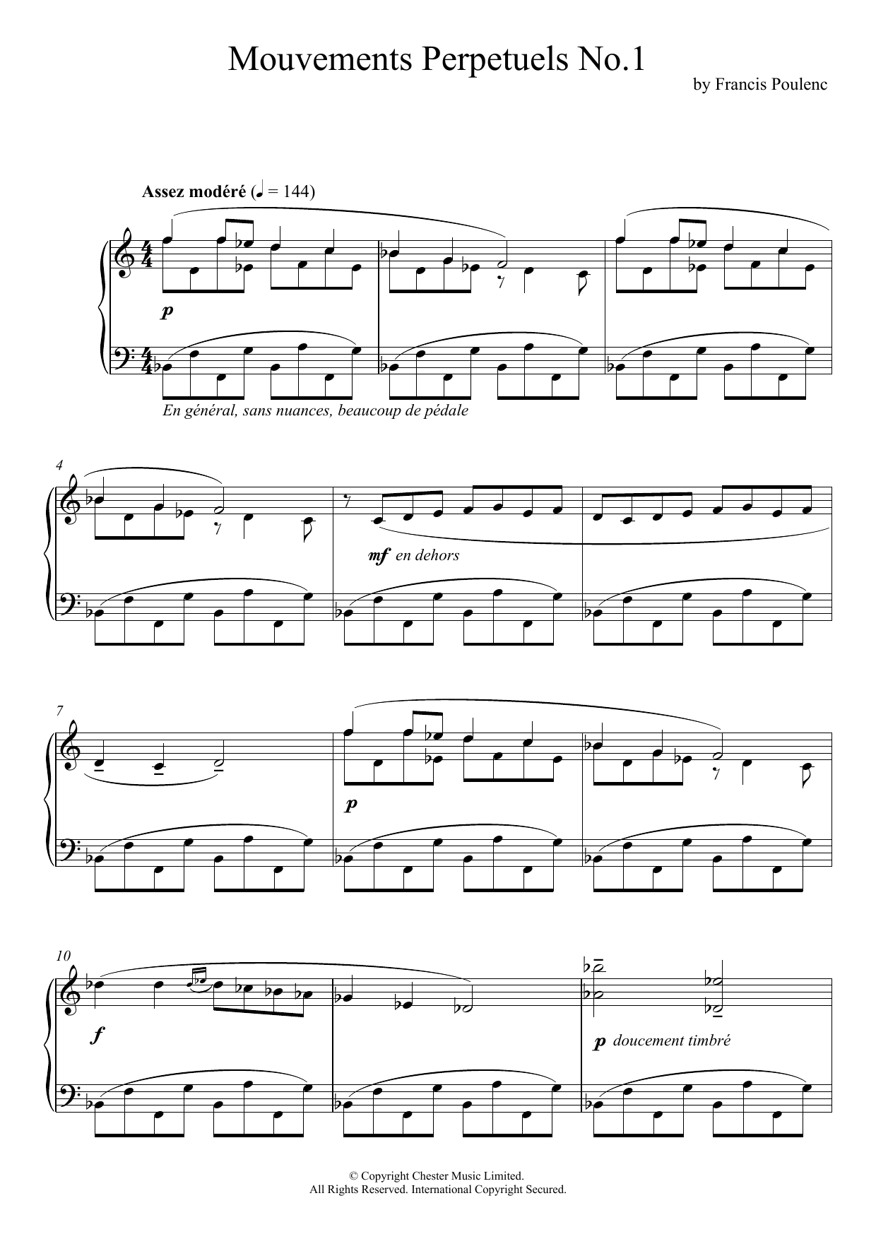 Francis Poulenc Mouvement Perpetuel No. 1 sheet music notes and chords arranged for Piano Solo