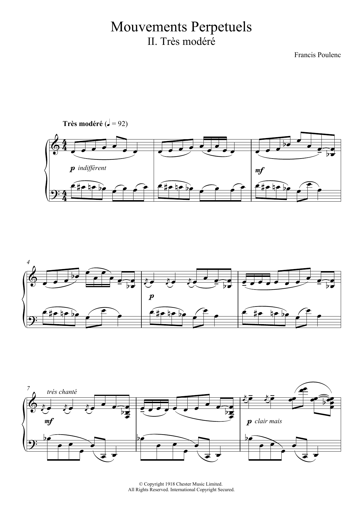 Francis Poulenc Mouvement Perpetuel No. 2 sheet music notes and chords arranged for Piano Solo