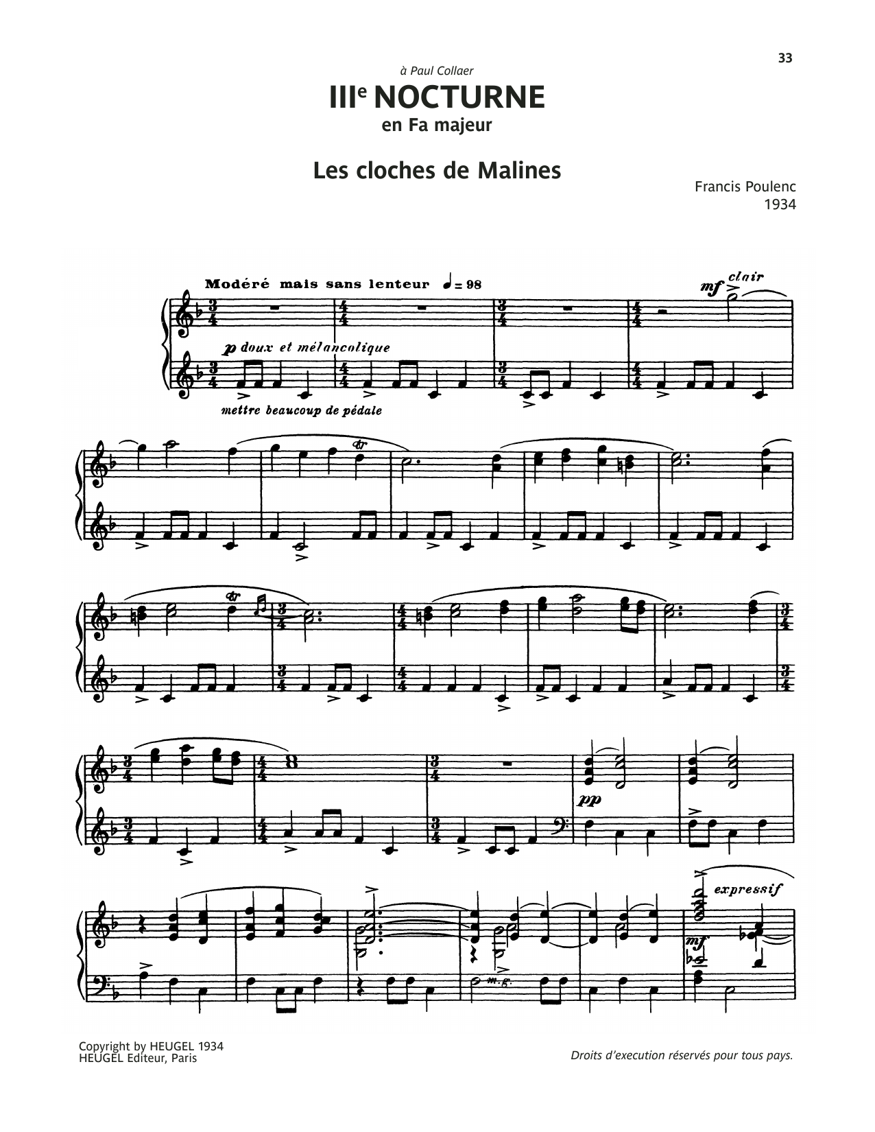 Francis Poulenc Nocturne No. 3 (Les Cloches De Malines) sheet music notes and chords arranged for Piano Solo