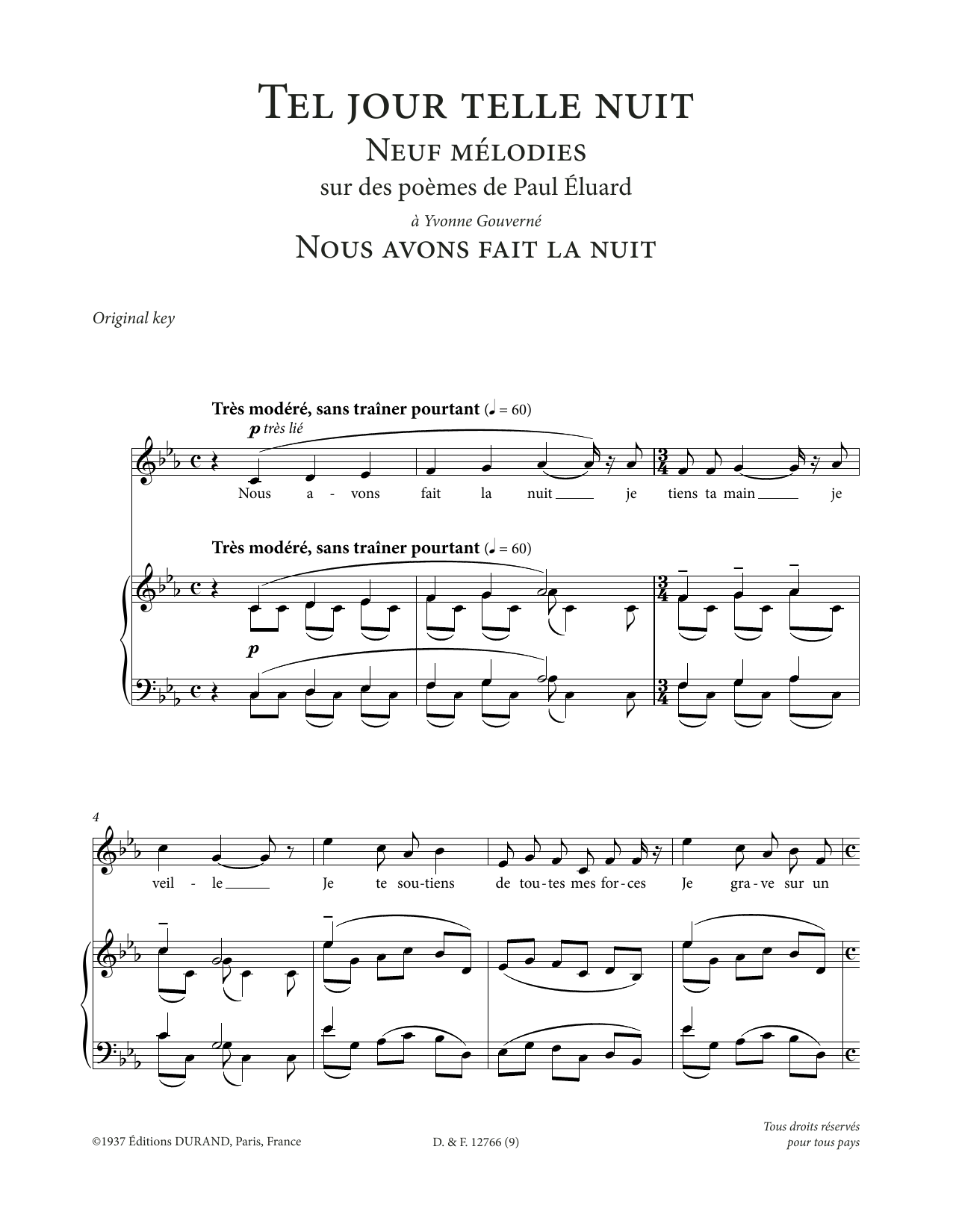 Francis Poulenc Nous avons fait la nuit (High Voice) sheet music notes and chords arranged for Piano & Vocal