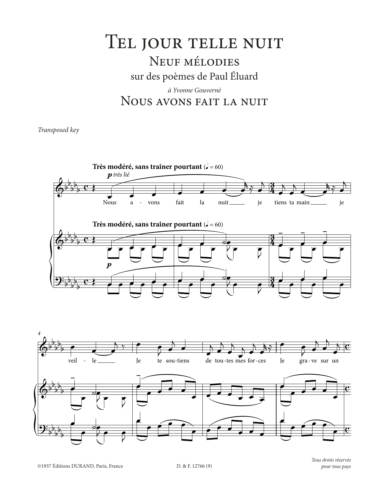 Francis Poulenc Nous avons fait la nuit (Low Voice) sheet music notes and chords arranged for Piano & Vocal