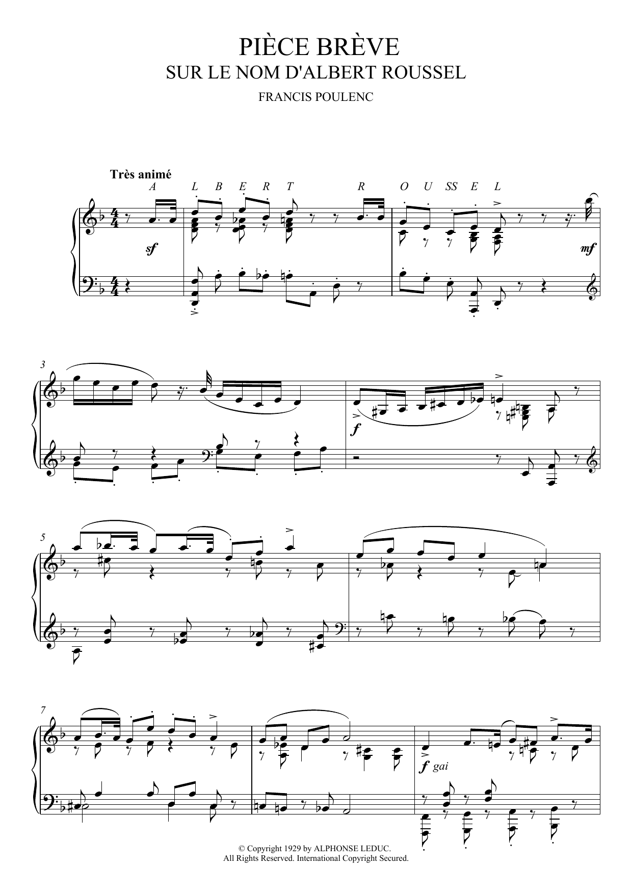 Francis Poulenc Piece Breve Sur Le Nom D'Albert Roussel sheet music notes and chords arranged for Piano Solo