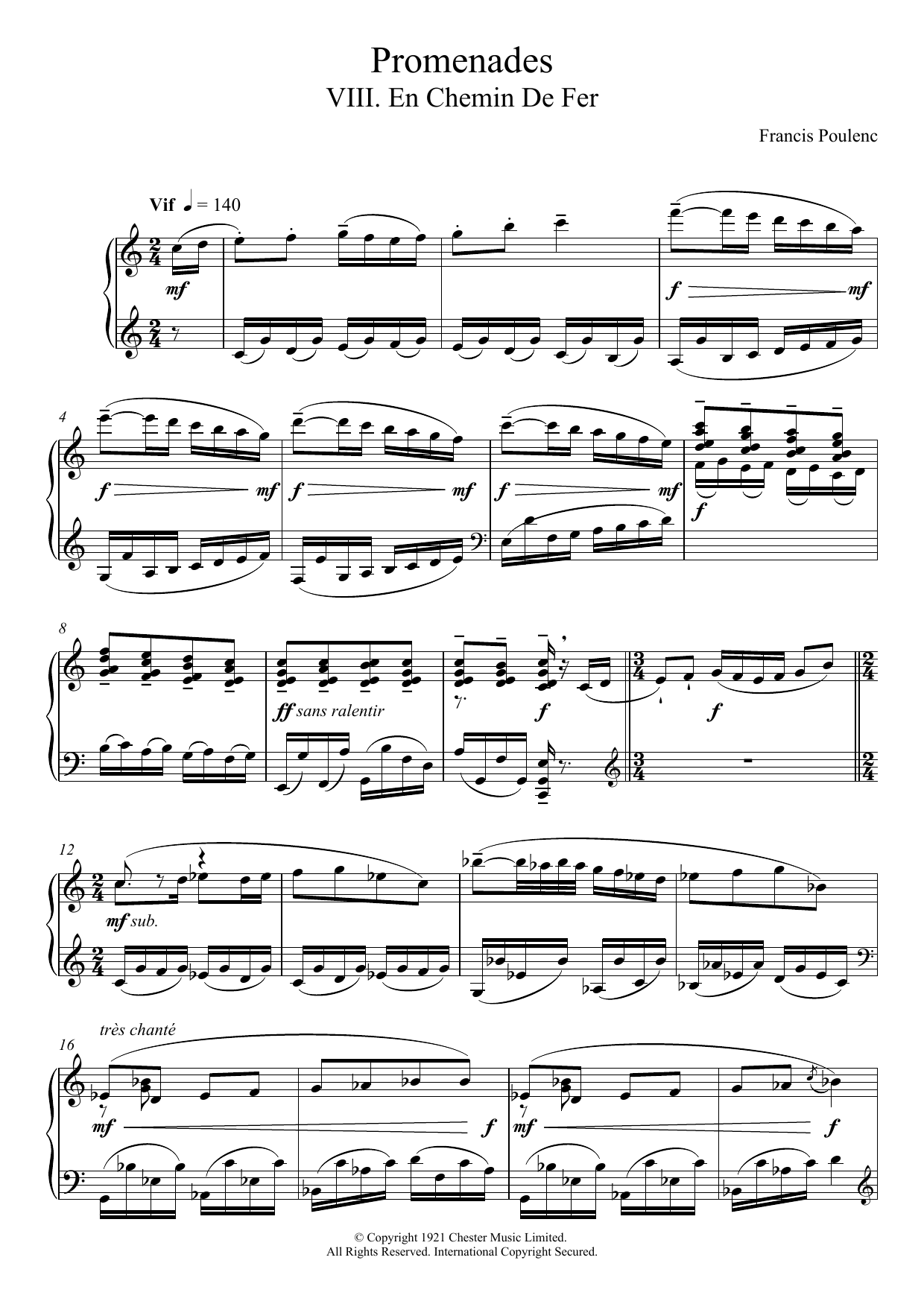 Francis Poulenc Promenades - VIII. En Chemin De Fer sheet music notes and chords arranged for Piano Solo
